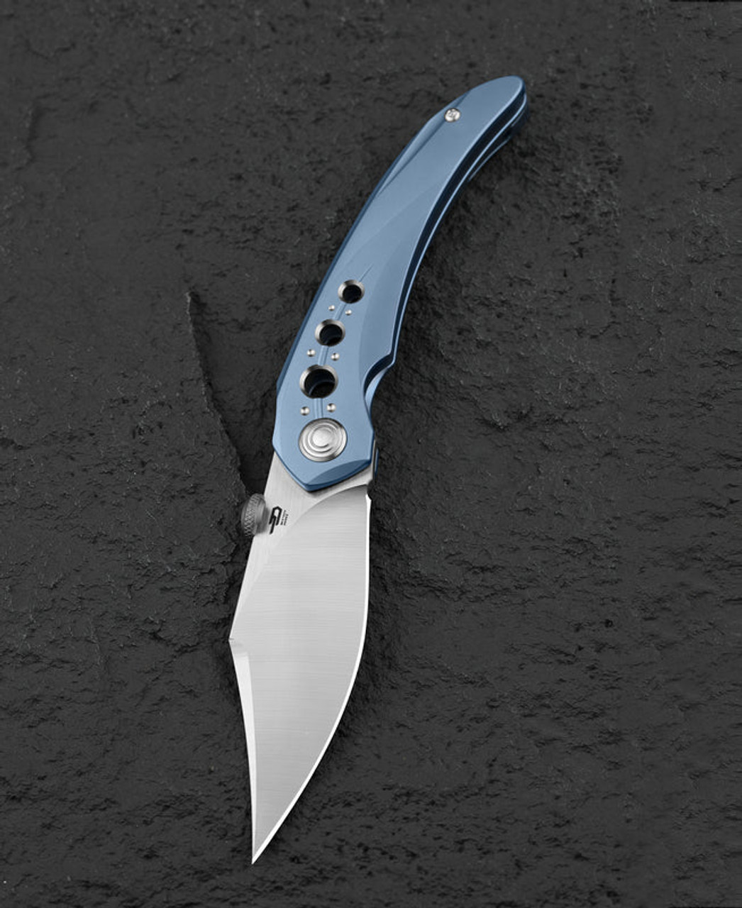 Bestech Razon (BTKT2406A) 3.87" Magnacut Satin+Flat Satin Clip Point Plain Blade, Blue Titanium Handle