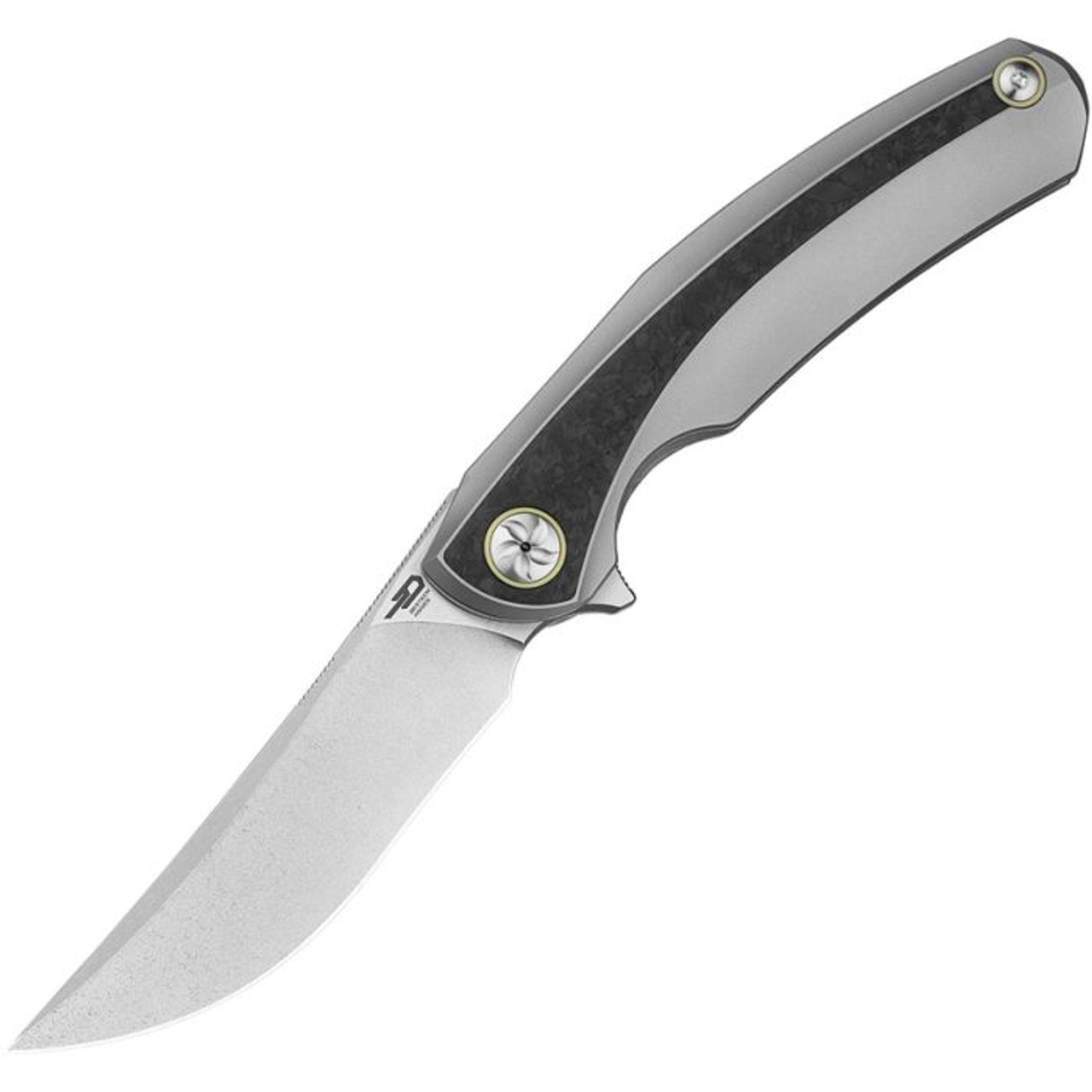 Bestech Sambac (BTKT2402C) 3.62" CPM-Magnacut Stonewashed+Flat Satin Trailing Point Plain Blade, Bead Blasted Titanium Handle with a Black Carbon Fiber Inlay