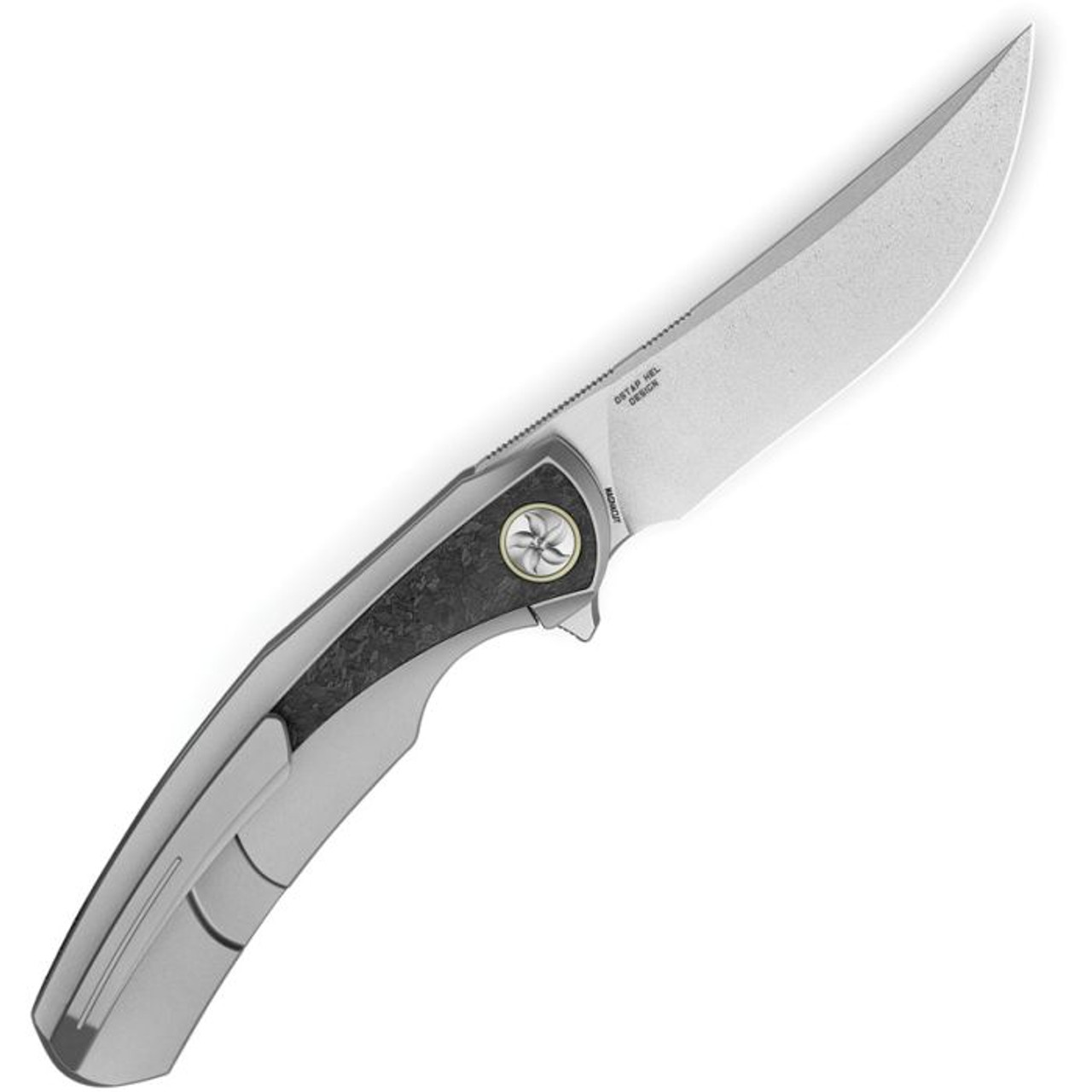 Bestech Sambac (BTKT2402C) 3.62" CPM-Magnacut Stonewashed+Flat Satin Trailing Point Plain Blade, Bead Blasted Titanium Handle with a Black Carbon Fiber Inlay