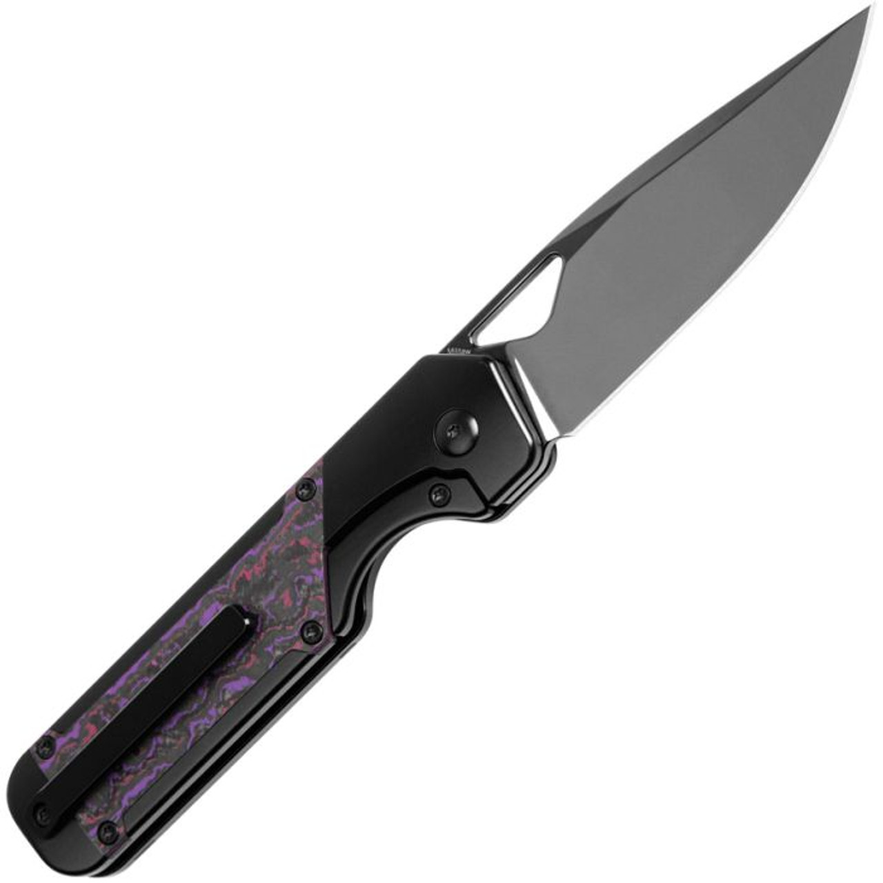 Kizer Militaw (KI3634A2) 3.35" CPM-S45VN Black DLC Coated Drop Point Plain Blade, Black Titanium Handle with a Purple Haze Fat Carbon Fiber Inlay