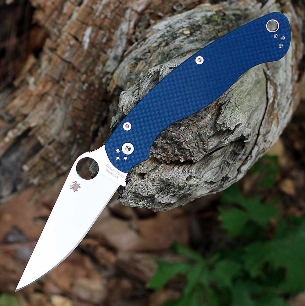 Spyderco Military 2 C36GPCBL2 cobalt blue G-10 handle open view showing CPM SPY27 satin plain blade