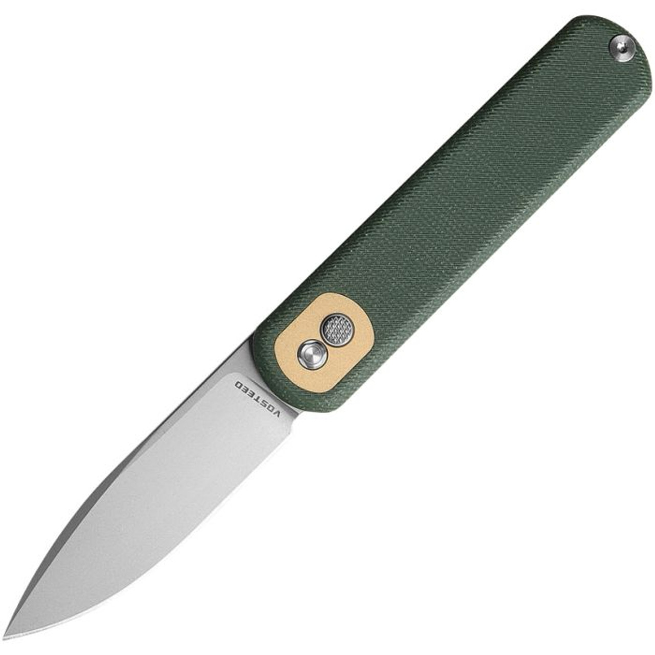 Vosteed Corgi (VOSCGSVM3) 2.99" 14C28N Stonewashed Drop Point Plain Blade, Green Canvas Micarta Handle