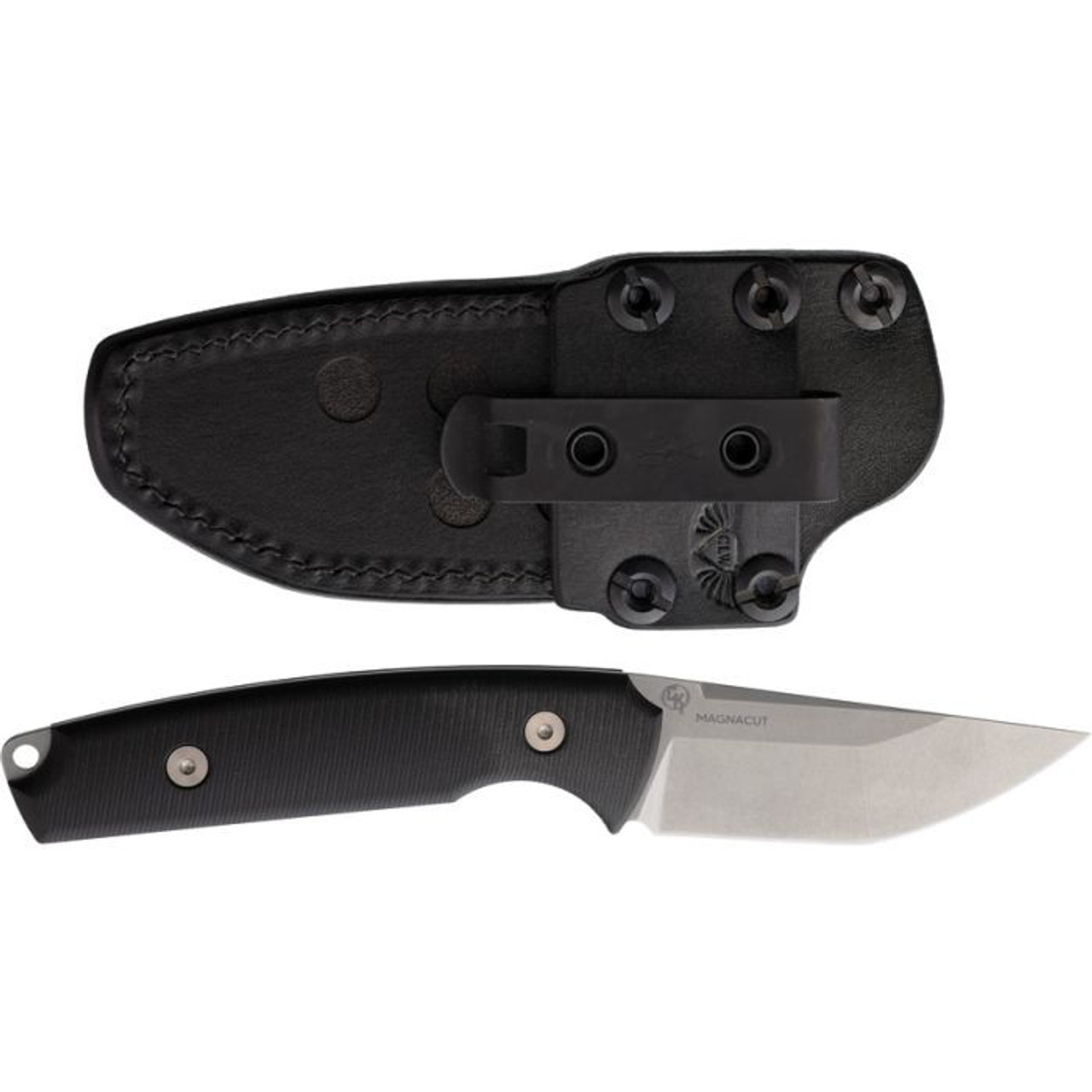 Tactile Knife Co. Dreadeye (TKCDLMC01RM) 2.75" CPM-MagnaCut Stonewashed Tanto Plain Blade, Black G-10 Handle, Black Leather Belt Sheath