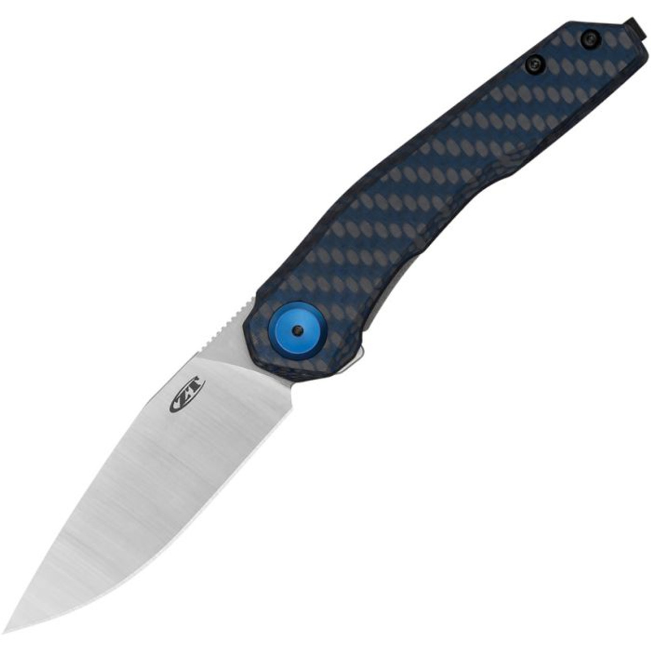 Zero Tolerance 0545 (ZT0545BLUCF) 3.2" CPM-MagnaCut Stonewashed/Satin Clip Point Plain Blade, Gray and Blue Carbon Fiber Handle with a Titanium Back Handle