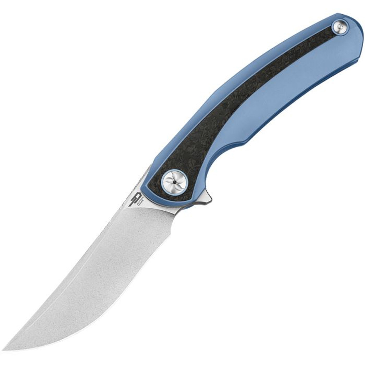 Bestech Sambac (BTKT2402D) 3.62" CPM-MagnaCut Stonewashed/Satin Trailing Point Plain Blade, Blue Titanium Handle with a Marbled Carbon Fiber Inlay