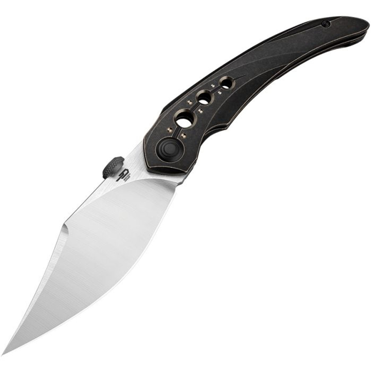 Bestech Razon (BTKT2406D) 3.87" CPM-MagnaCut Satin Clip Point Plain Blade, Blackwashed and Bronze Titanium Handle