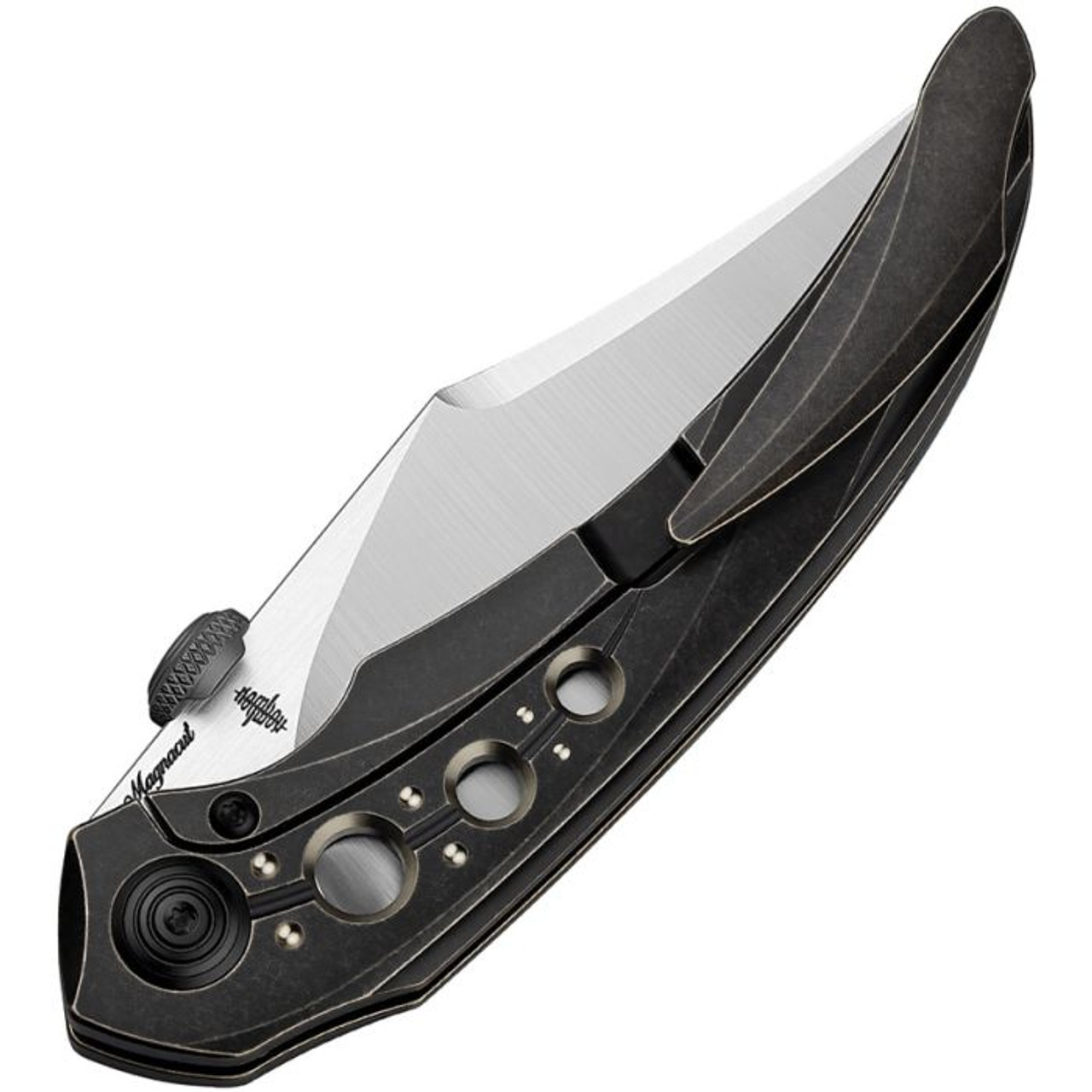 Bestech Razon (BTKT2406D) 3.87" CPM-MagnaCut Satin Clip Point Plain Blade, Blackwashed and Bronze Titanium Handle