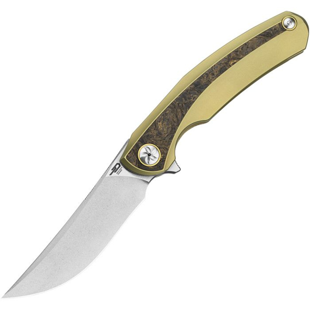 Bestech Sambac (BTKT2402A) 3.62" CPM-MagnaCut Stonewashed and satin Trailing Point Plain Blade, Gold Titanium Handle with Dark Matter Fat Carbon Fiber Inlay