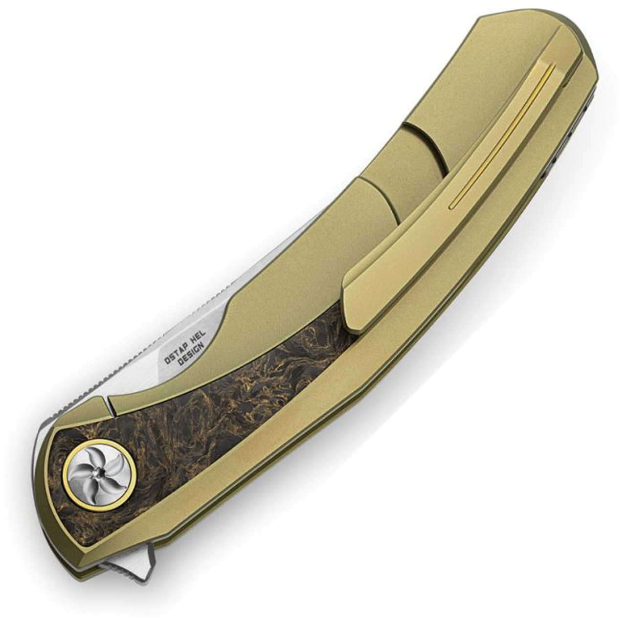 Bestech Sambac (BTKT2402A) 3.62" CPM-MagnaCut Stonewashed and satin Trailing Point Plain Blade, Gold Titanium Handle with Dark Matter Fat Carbon Fiber Inlay