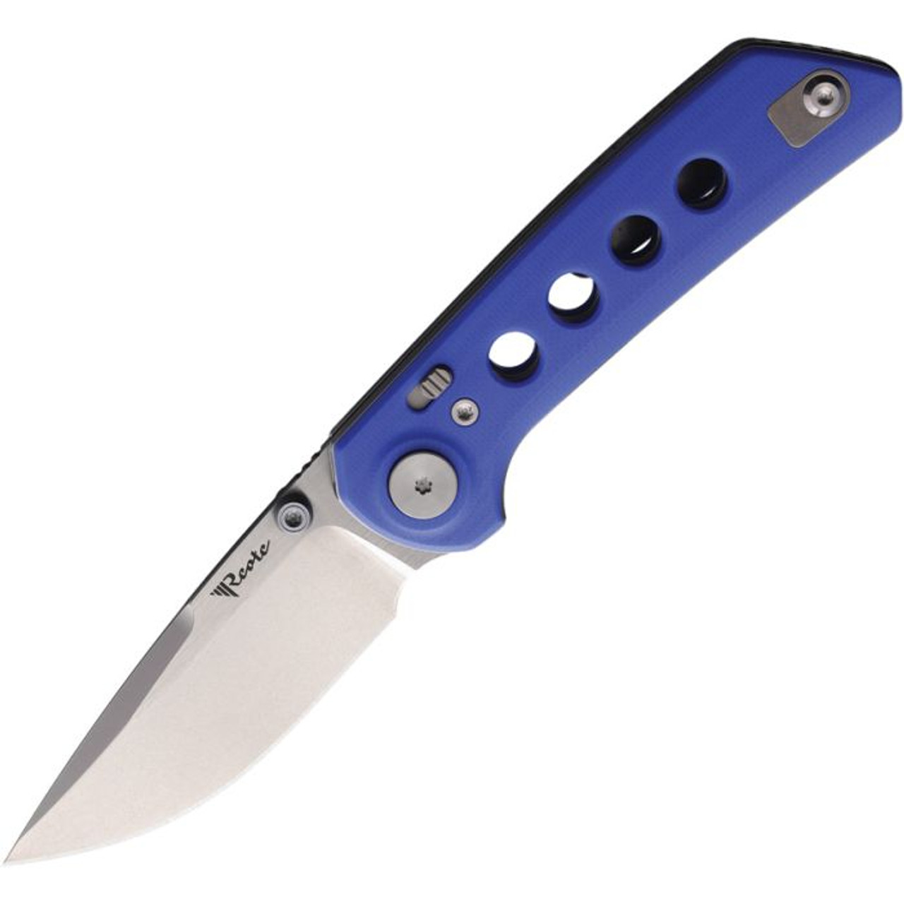 Reate Knives PL-XT (REA141) 3" Nitro-V Stonewashed Drop Point Plain Blade, Blue G-10 Handle