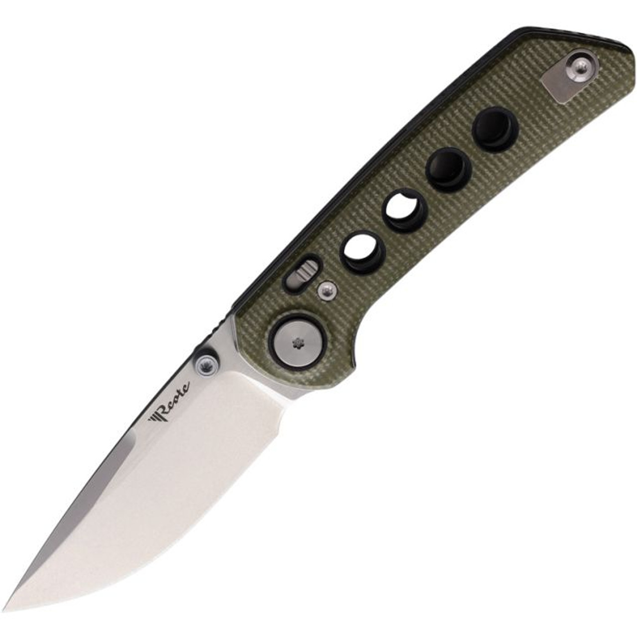 Reate Knives PL-XT (REA130) 3" Nitro-V Stonewashed Drop Point Plain Blade, Green Micarta and Black G-10 Handle
