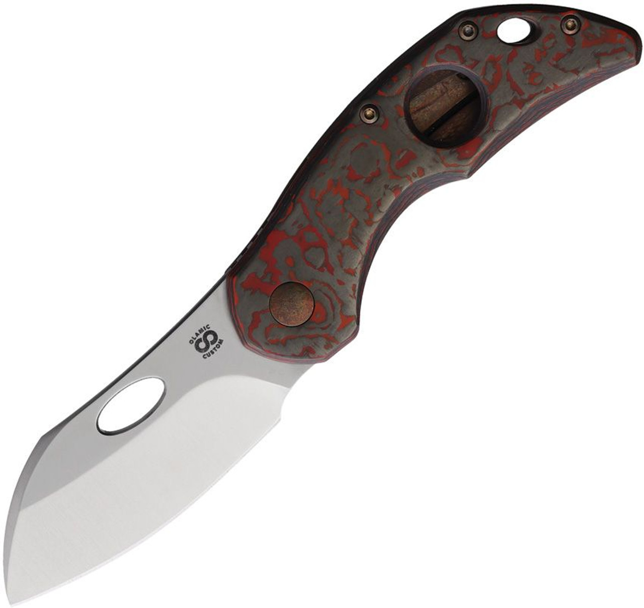 Olamic Custom Busker (BCFLA122) 2.83" Sheepsfoot Satin Magnacut Plain Blade, Red and Black Carbon Fiber Front Handle, Titanium Back Handle