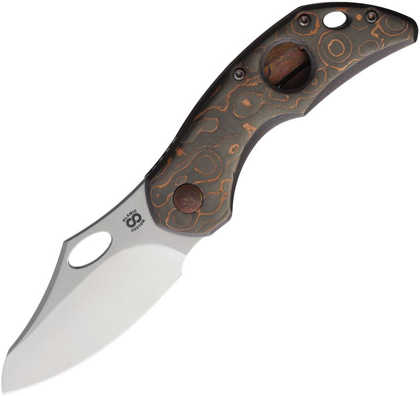 Olamic Custom Busker (BCFE356) 2.83" Sheepsfoot Satin Magnacut Plain Blade, Camo Copper Carbon Fiber Front Handle, Titanium Back Handle
