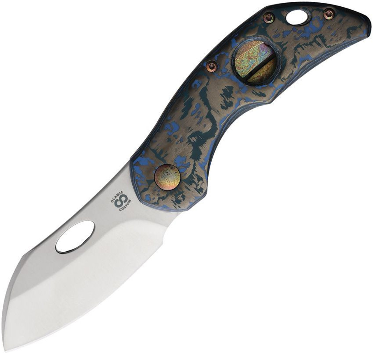 Olamic Custom Busker (BCFLA383) 2.83" Sheepsfoot Satin Magnacut Plain Blade, Arctic Storm Carbon Fiber Front Handle, Acid Rain Titanium Back Handle