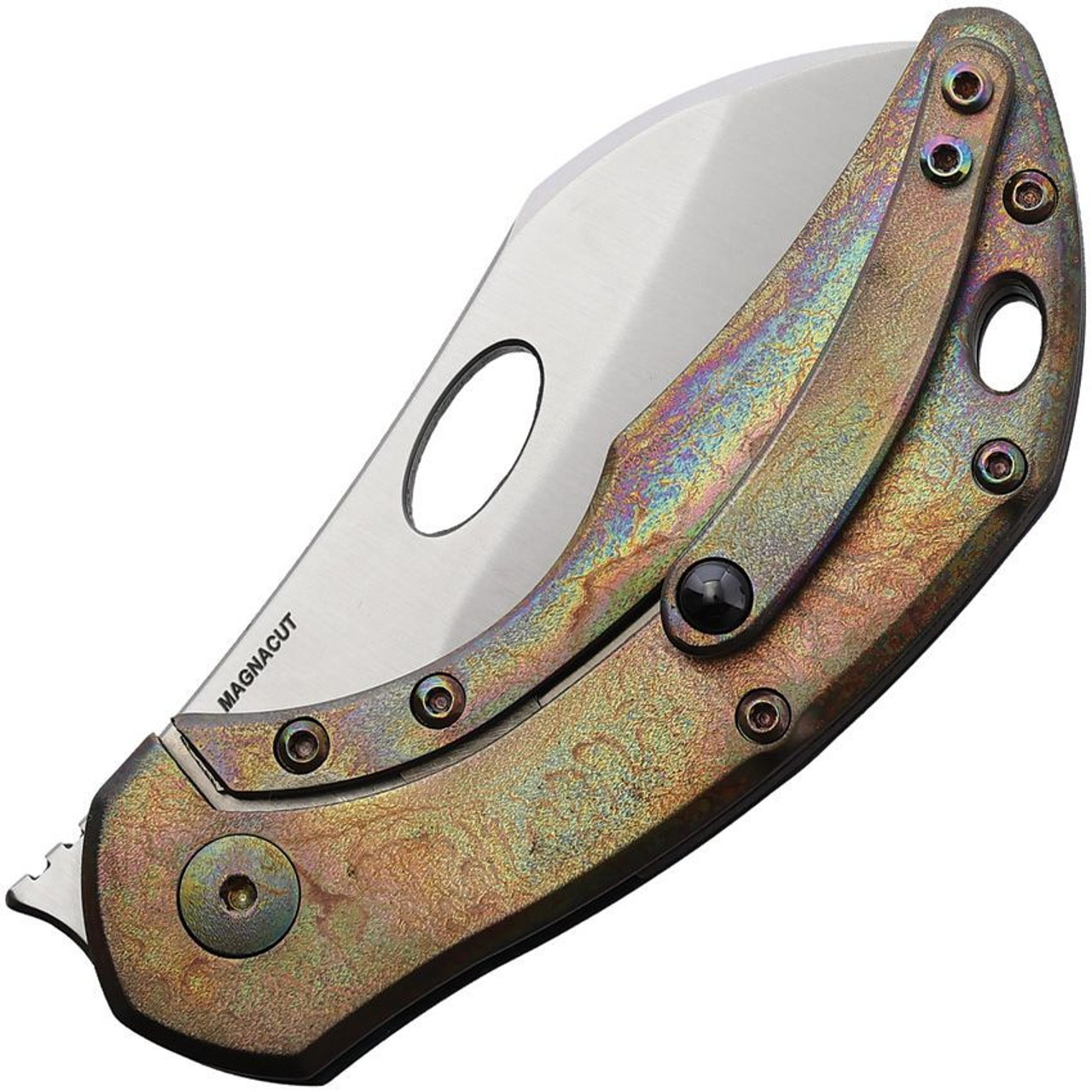 Olamic Custom Busker (BCFLA383) 2.83" Sheepsfoot Satin Magnacut Plain Blade, Arctic Storm Carbon Fiber Front Handle, Acid Rain Titanium Back Handle