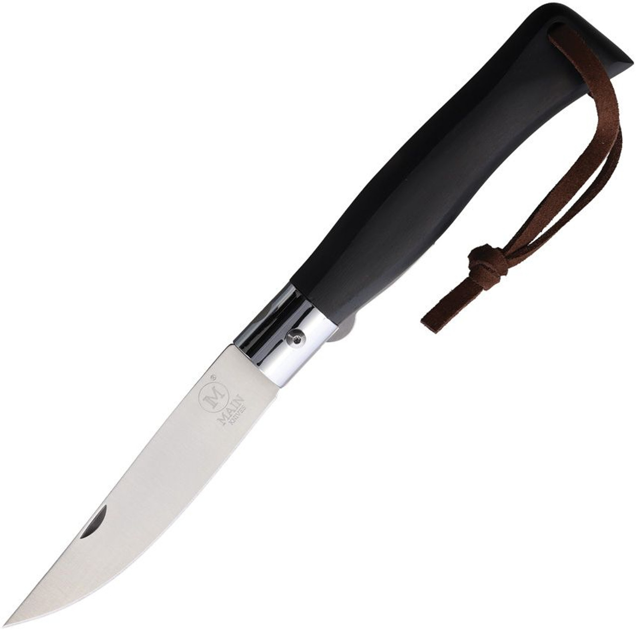 Main Knives Italian Line 2000 Urban Linerlock (2000-L4) 3.5" Drop Point 440A Satin Plain Blade, Black Ebony Wood Handle, Leather Lanyard, Reverse Liner Lock