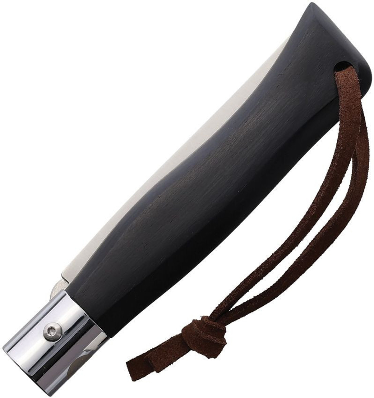 Main Knives Italian Line 2000 Urban Linerlock (2000-L4) 3.5" Drop Point 440A Satin Plain Blade, Black Ebony Wood Handle, Leather Lanyard, Reverse Liner Lock