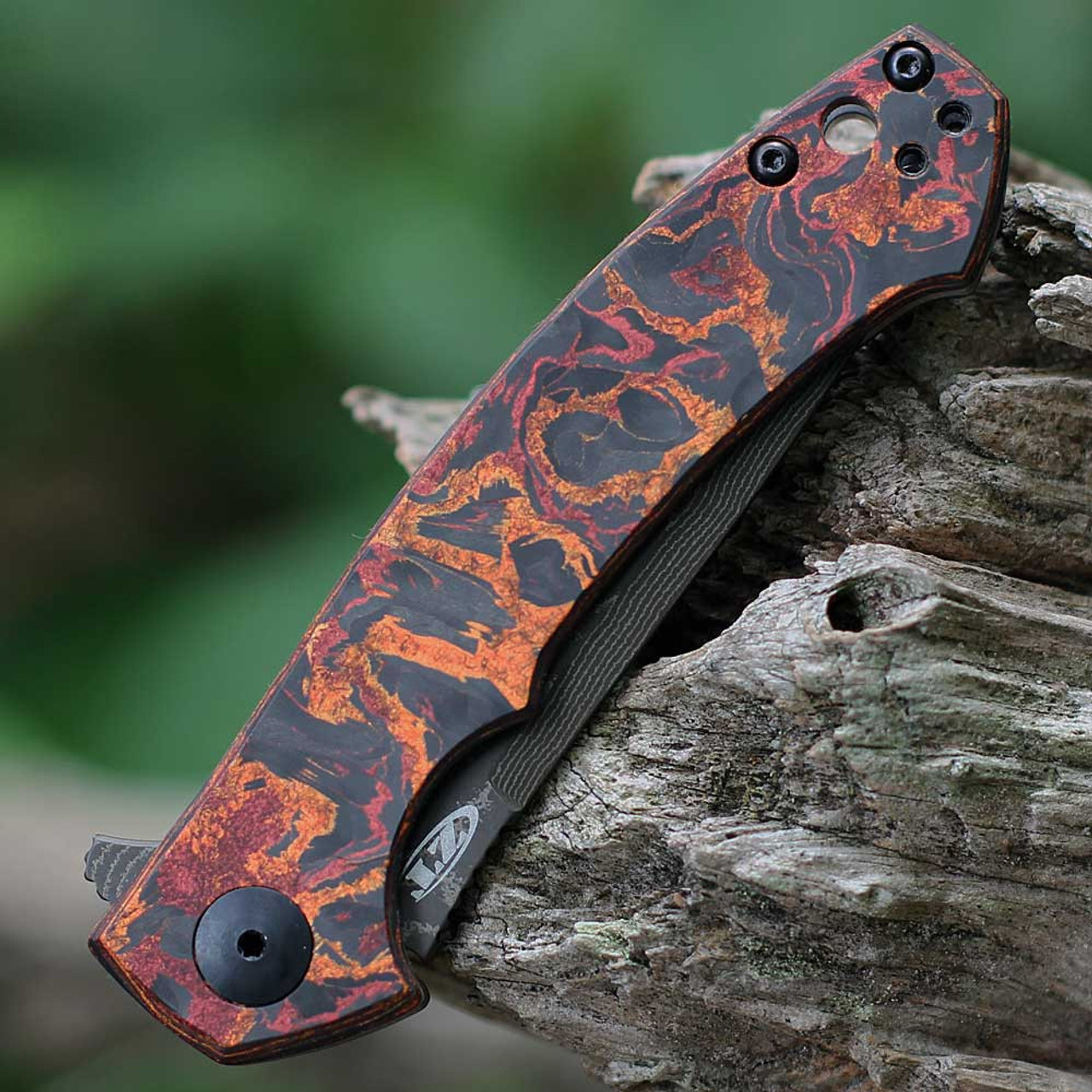 Zero Tolerance Sinkevich (ZT0450CFDAM) 3.25" Damascus Drop Point Plain Blade, Marbled Fat Carbon Handle with Titanium Back Handle