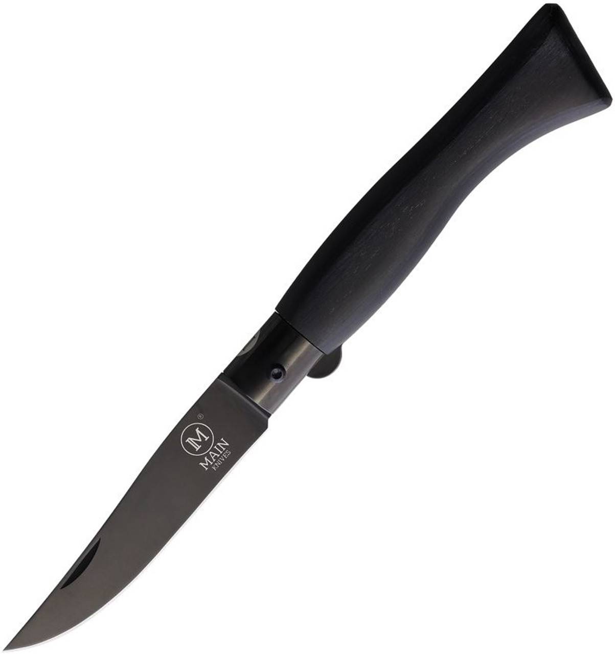 Main Knives Italian Line Linerlock (10002) 3.5" Drop Point 440A Black Titanium Coated Plain Blade, Black Wood Handle, Reverse Liner Lock
