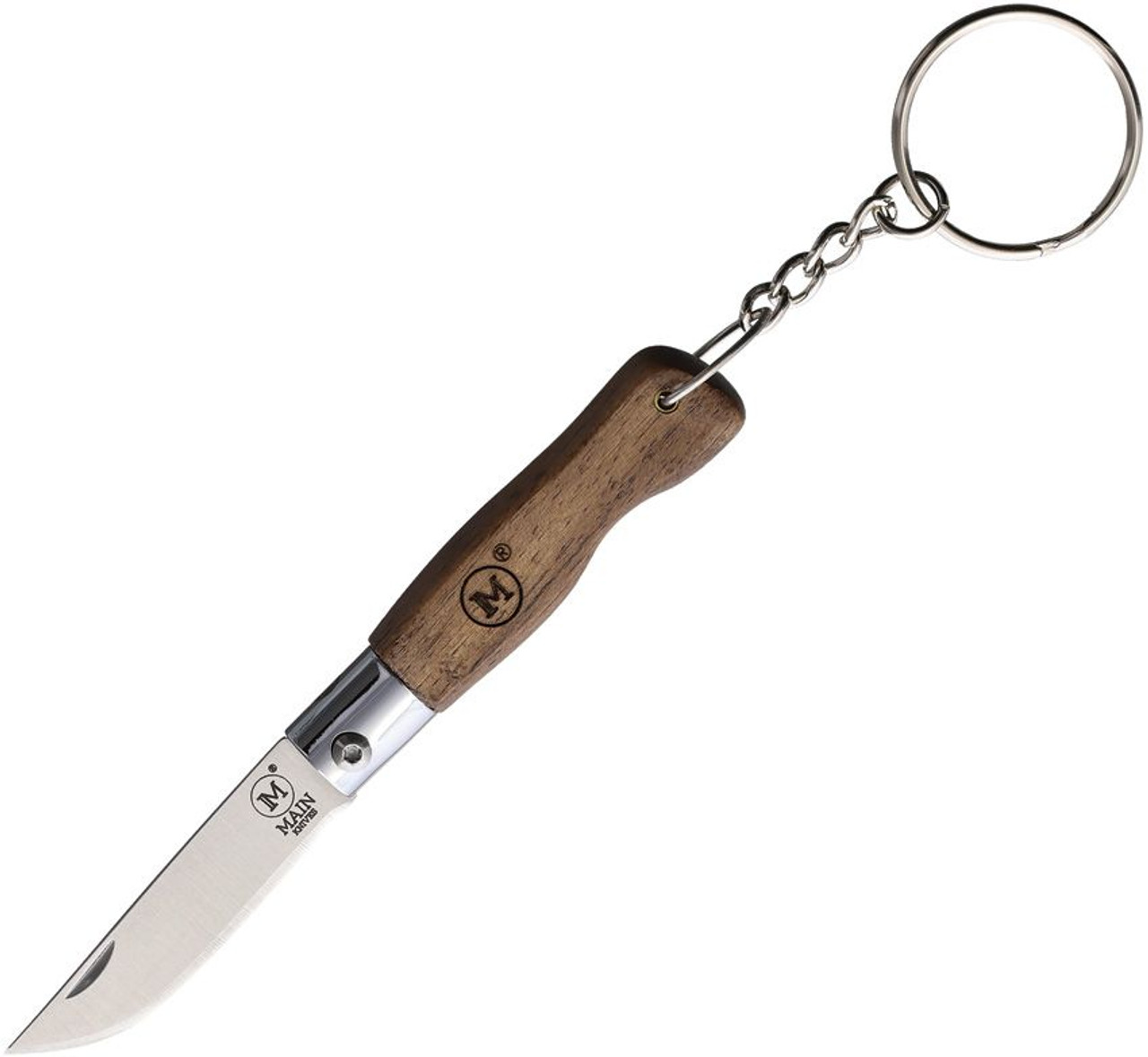 Main Knives Mini Line Key Chain Folder (6002) 1.77" 440A Drop Point Plain Blade, Walnut Wood Handle, Stainless Steel Key Chain