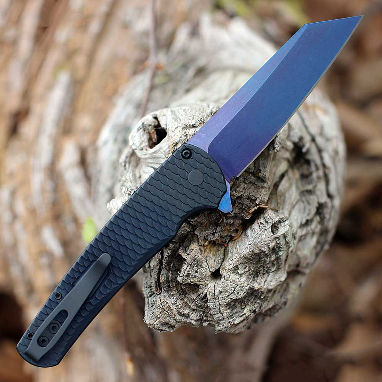 Pro-Tech Malibu Button Lock (5236-SB) - 3.5" Sapphire Washed CPM-20CV Reverse Tanto Blade, Black Dragon Scale Aluminum Handle, Abalone Button, Black Clip