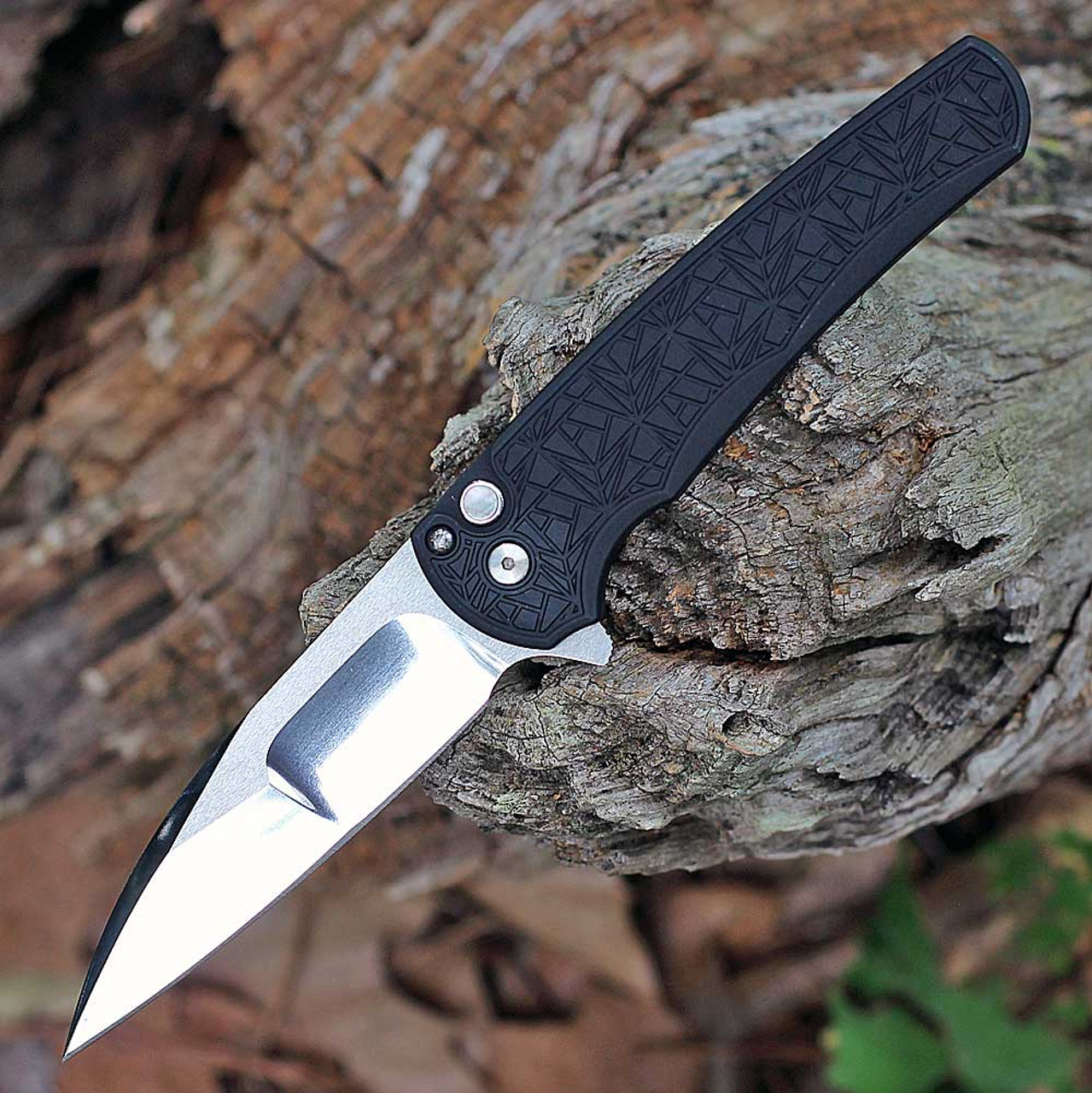 Pro-Tech Malibu Blade Show Atlanta 2024 25 YR Nexus PT24MALIBU001) - 3.5" Mike Irie Compound Ground Mirror Polished Wharncliffe Plain Blade, Nexus Textured Black Aluminum Handle, 25 YR Anniversary Edition, Black Lip Pearl Button, Black Clip