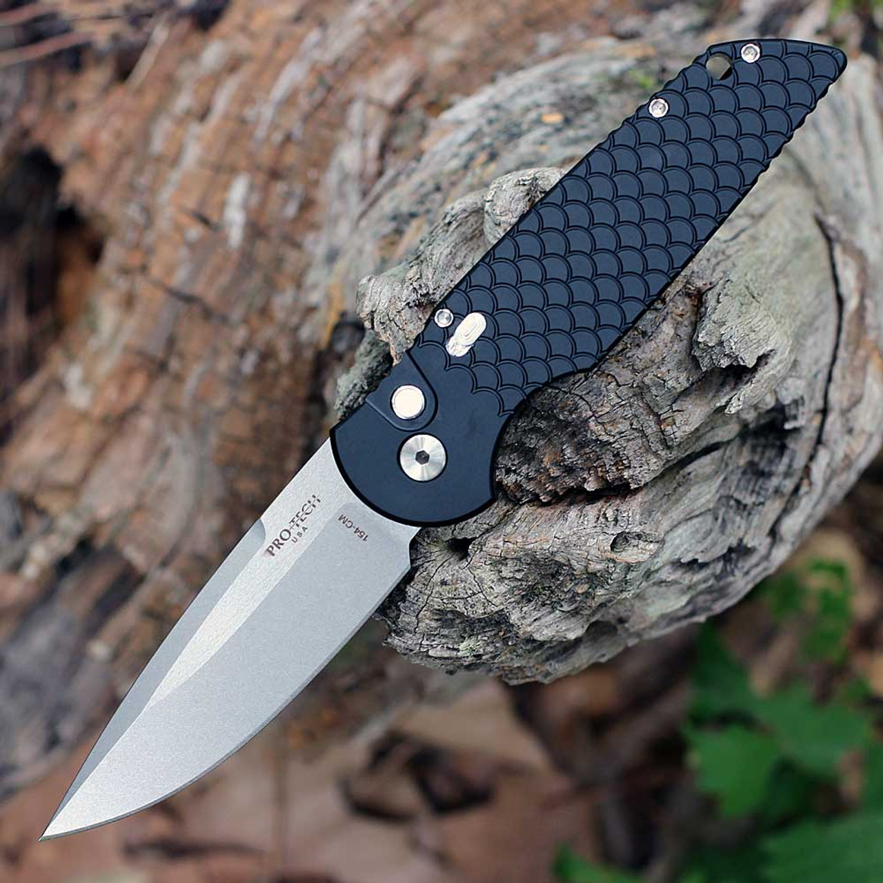 Pro-Tech Tactical Response TR-3 Automatic (TR-3 ATL) - 3.5" 154CM Stonewash/Satin Clip Point Blade, Black Fish Scale Aluminum Handle with Safety, Gold Lip Pearl Button, Limited Edition