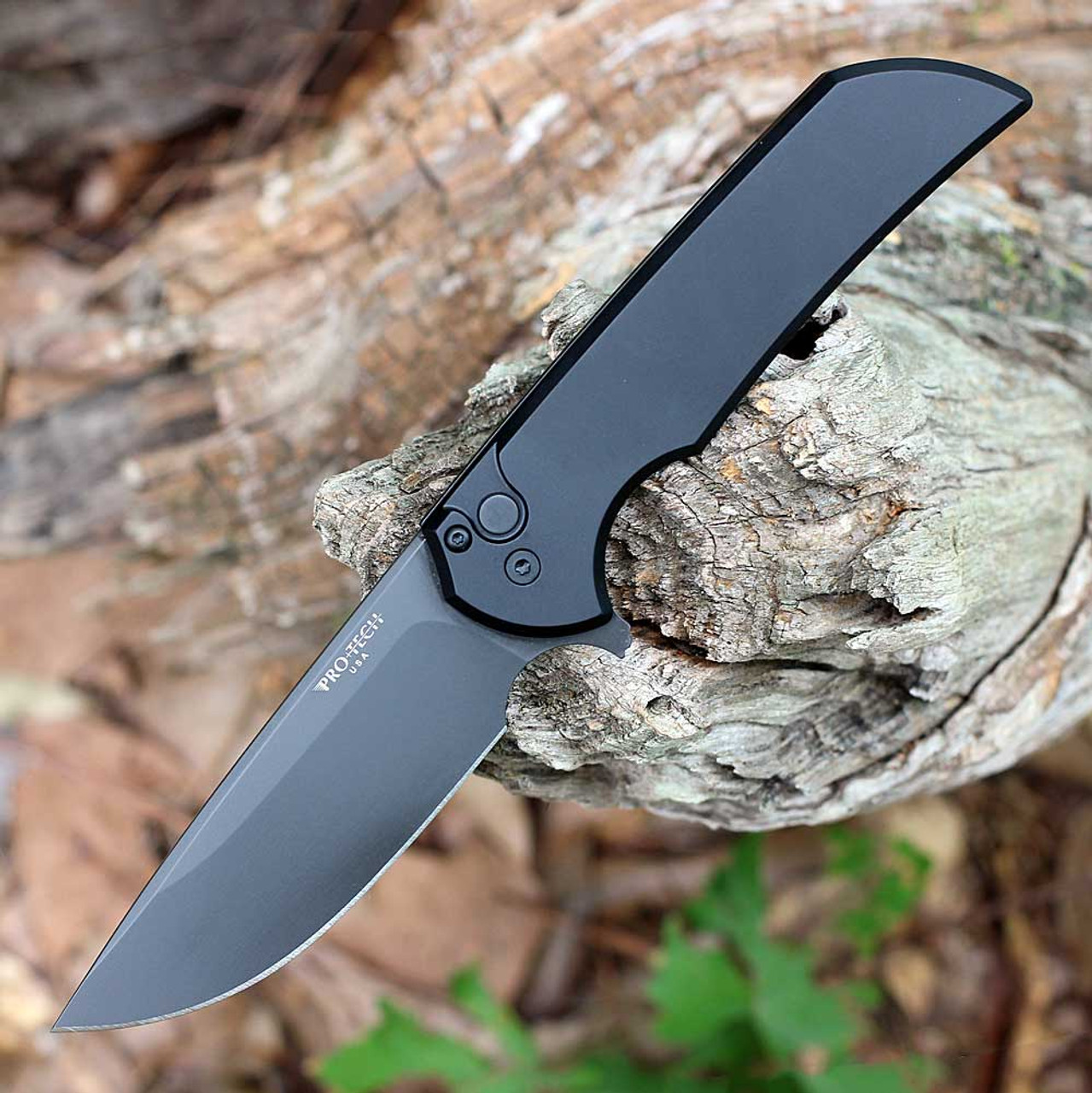 Pro-Tech Mordax Button Lock Folding Knife (MX103) - 3.62" MAGNACUT Black DLC Coated Plain Blade, Black Aluminum Handle