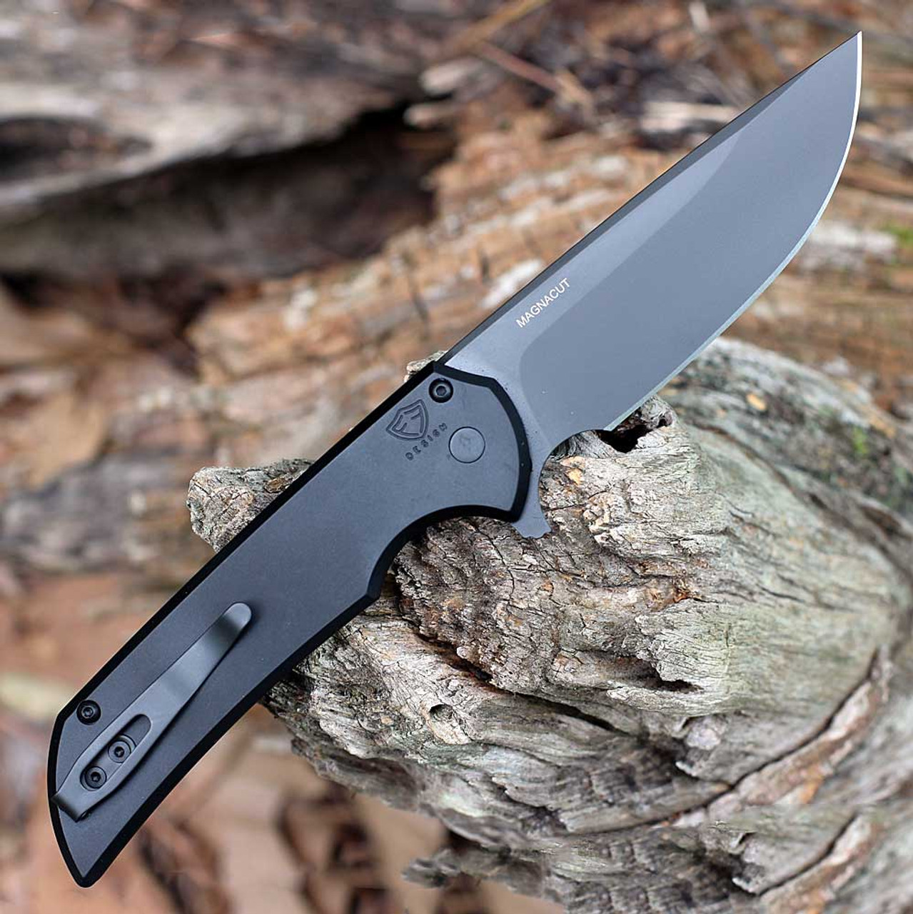 Pro-Tech Mordax Button Lock Folding Knife (MX103) - 3.62" MAGNACUT Black DLC Coated Plain Blade, Black Aluminum Handle