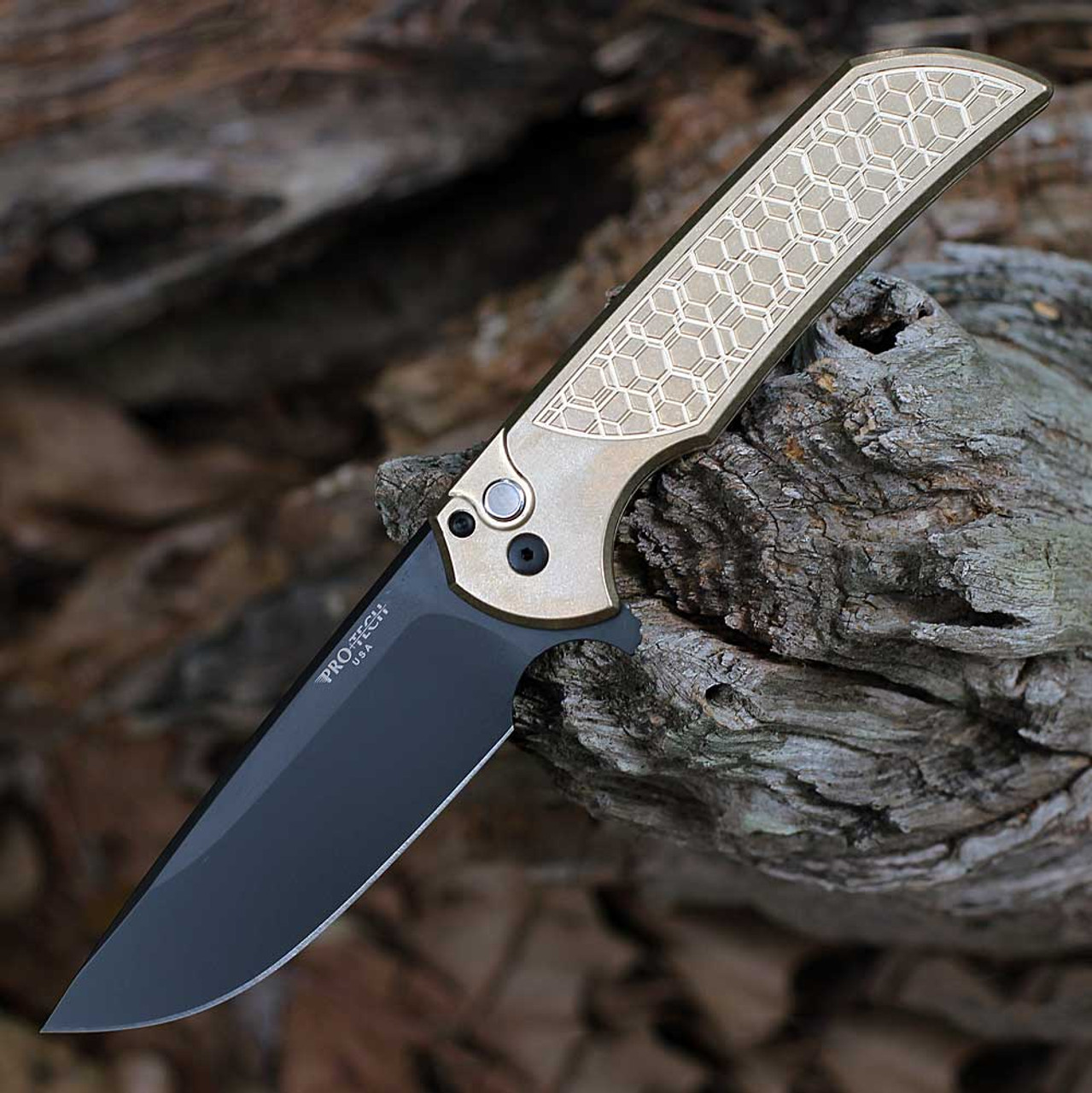 Pro-Tech Mordax Button Lock Flipper Knife Blade Show Altlanta 2024 (MORDAXATL) - 3.62" MAGNACUT Black DLC Coated Plain Blade, Stonewash Gridlock AlBronze Handle, Black Lip Pearl Button,