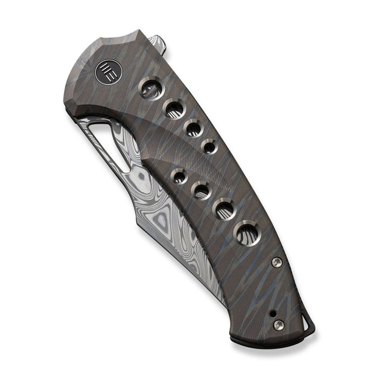 WE Knife Swiftfin (WE23051DS1) 3.8" Thor Damascus Modified Clip Point Plain Blade, Tiger Stripe Pattern Flamed Titanium Handle with Satin Holes