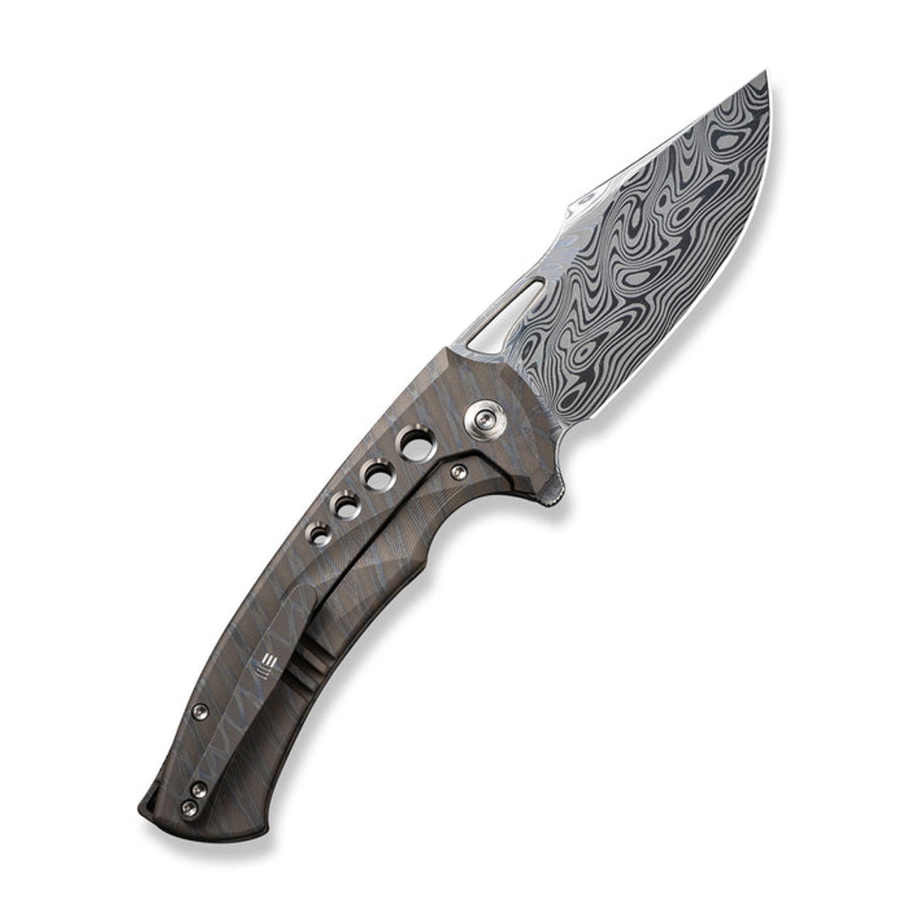 WE Knife Swiftfin (WE23051DS1) 3.8" Thor Damascus Modified Clip Point Plain Blade, Tiger Stripe Pattern Flamed Titanium Handle with Satin Holes