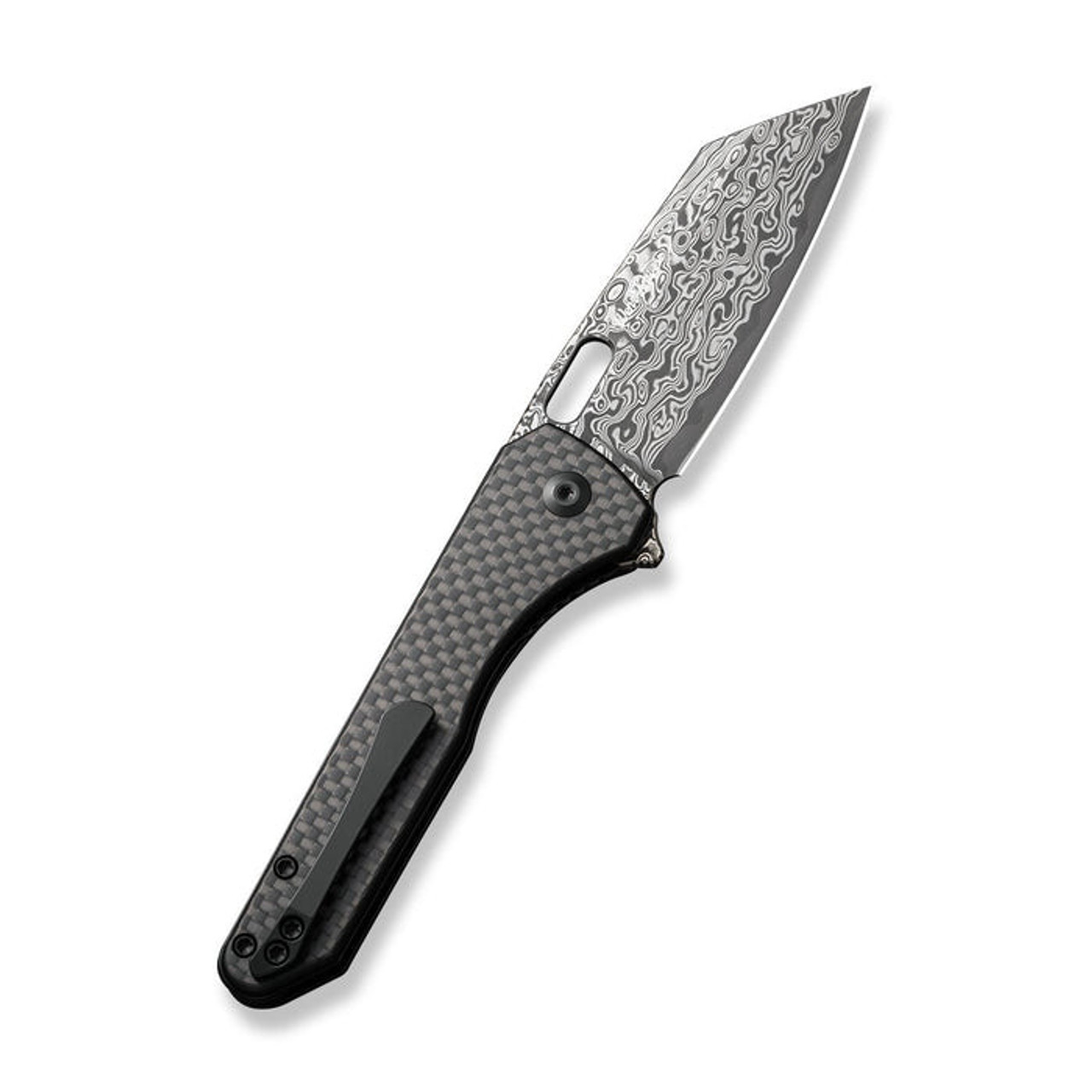 CIVIVI Nugz (CIVC23036DS1) 3.17" Damascus Reverse Tanto Plain Blade, Black Twill Carbon Fiber Overlay on Black G-10 Handle