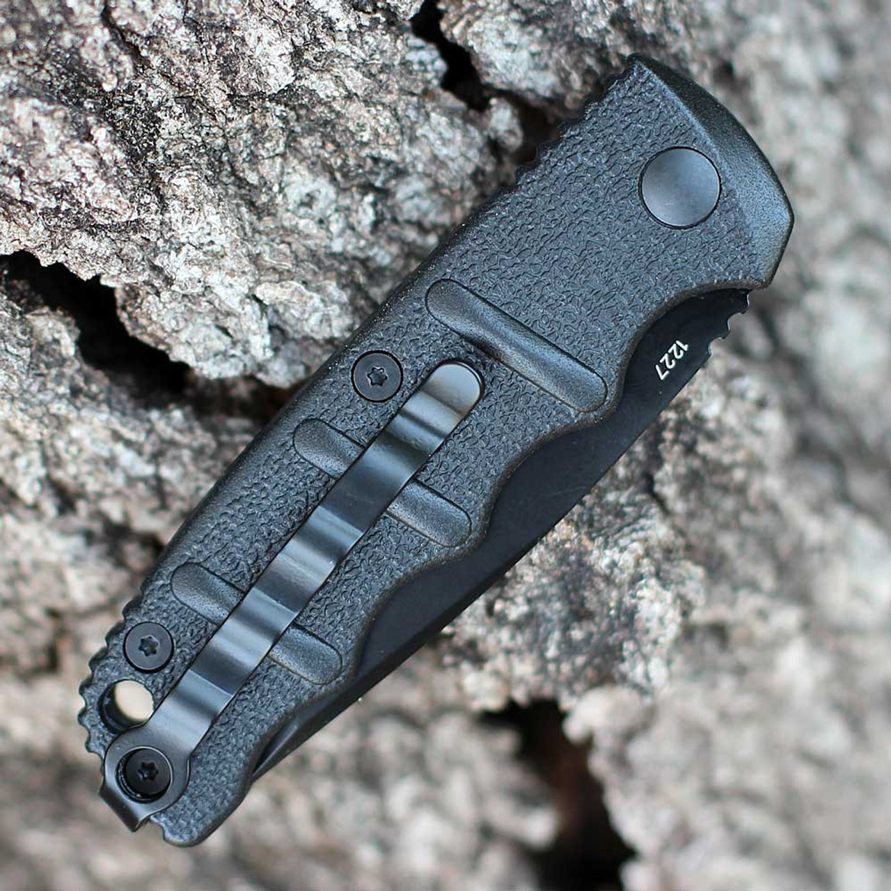 Boker Plus KALS Mini Auto (01KALS98) 2.52" D2 Black Tanto Partially Serrated Blade, Black Aluminum Handle w/ Push Button Open