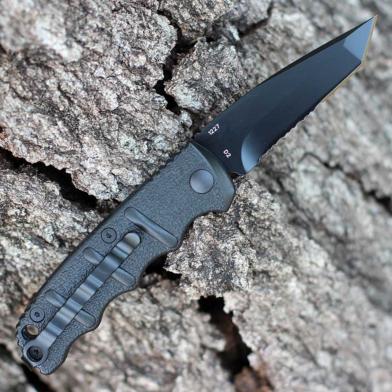 Boker Plus KALS Mini Auto (01KALS98) 2.52" D2 Black Tanto Partially Serrated Blade, Black Aluminum Handle w/ Push Button Open