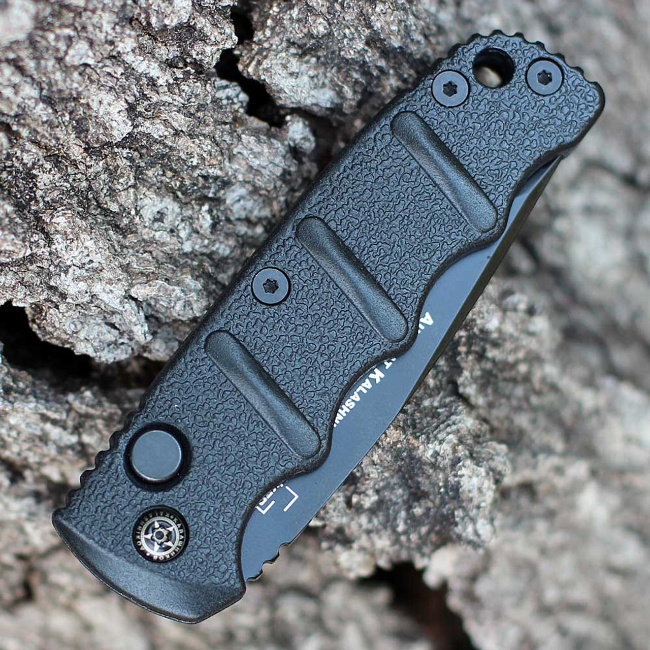 Boker Plus KALS Mini Auto (01KALS98) 2.52" D2 Black Tanto Partially Serrated Blade, Black Aluminum Handle w/ Push Button Open
