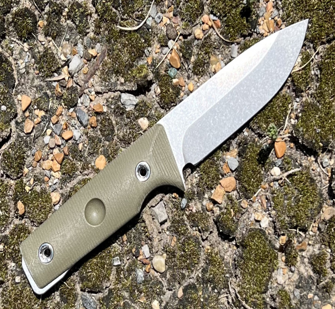 Medford Knife and Toll The San Bushcrafter (MK1203TQ-10LE-SPQ3-Q4) 4.25" 3V Tumbled Drop Point Blade, Olive Drab Green Handle, Brown Leather Sheath