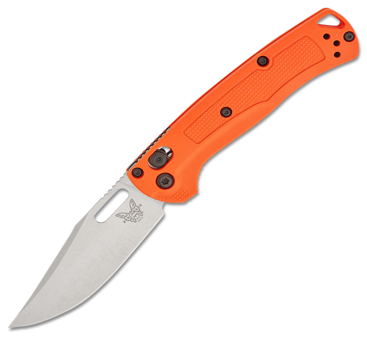 Benchmade Mini Taggedout (BM15533) 3.04" CPM-154 Stonewashed Clip Point Plain Blade, Orange Grivory Handle
