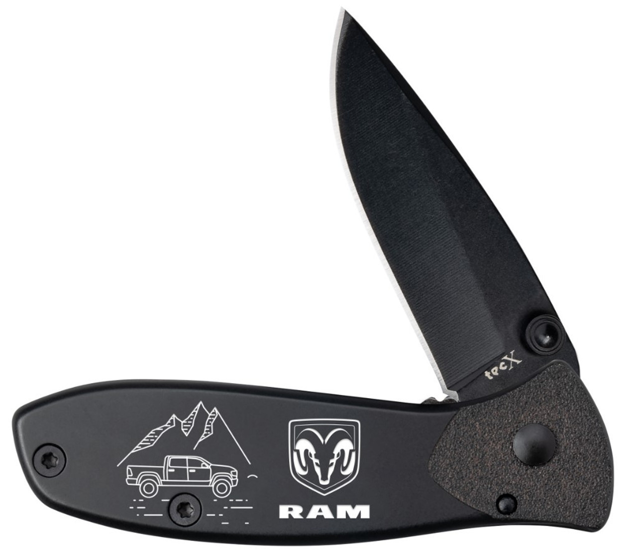 Case TecX Tags-L (37483) 2.17" 440 Black Drop Point Plain Blade, Black Aluminum Handle w/ White Ram Logo and Truck