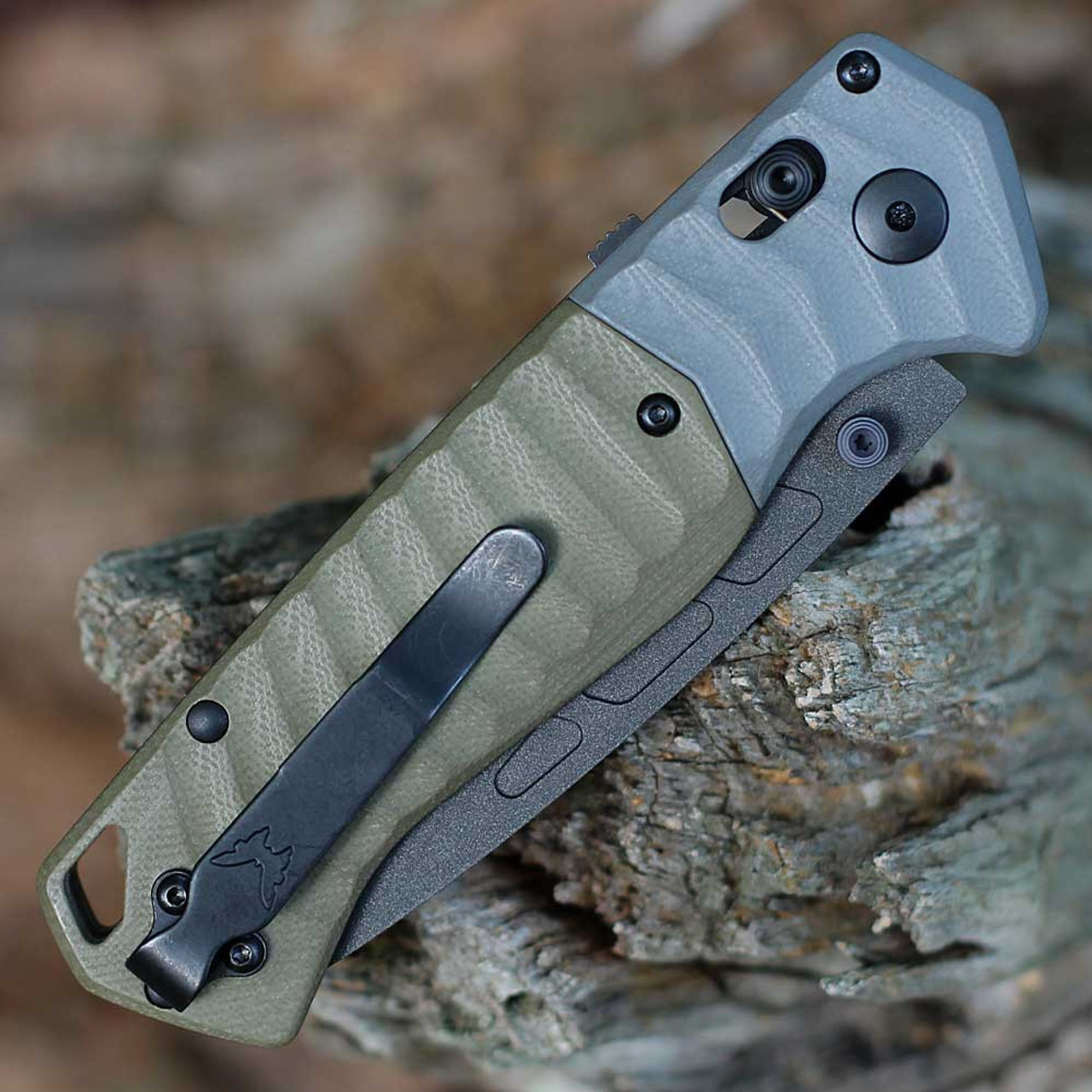 Benchmade PSK (593BK) 3.45" CPM-MagnaCut Cobalt Cerakote Coated Drop Point Plain Blade, Textured OD Green G-10 Handle w/ Textured Gray G-10 Bolster