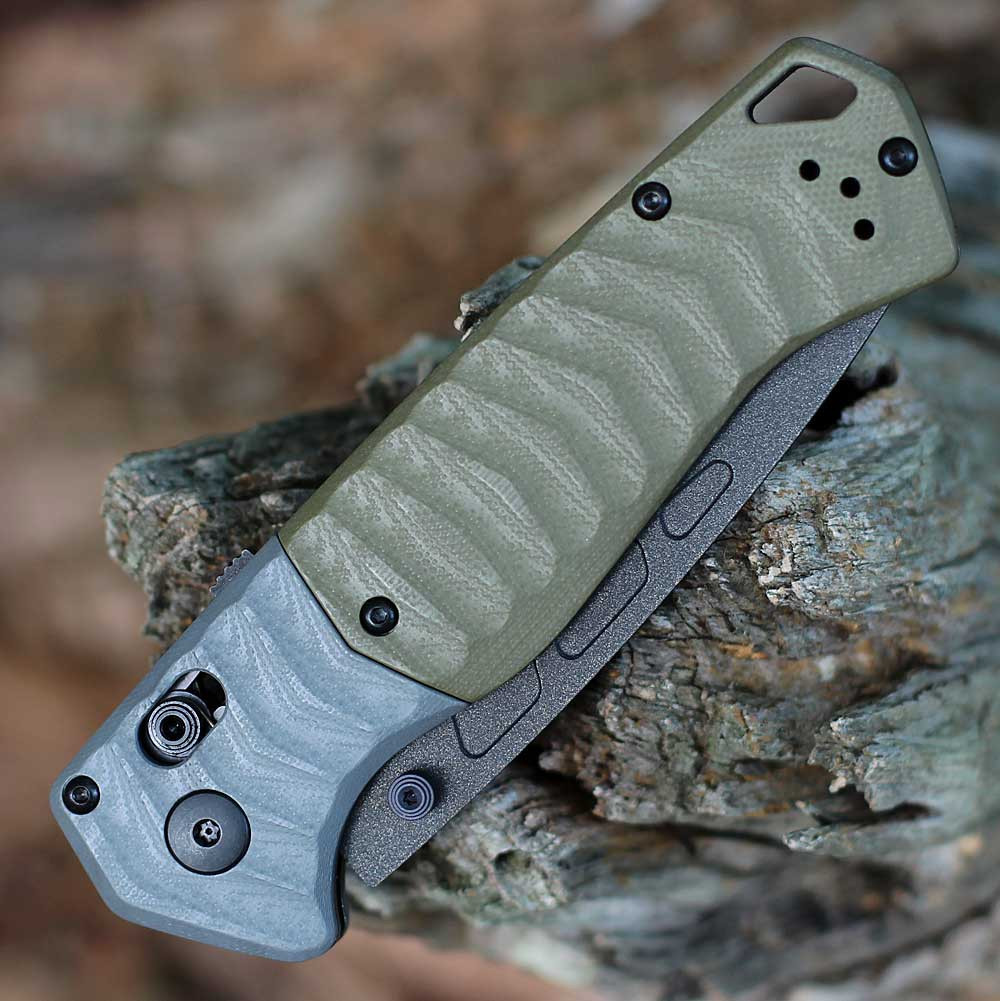 Benchmade PSK (593BK) 3.45" CPM-MagnaCut Cobalt Cerakote Coated Drop Point Plain Blade, Textured OD Green G-10 Handle w/ Textured Gray G-10 Bolster