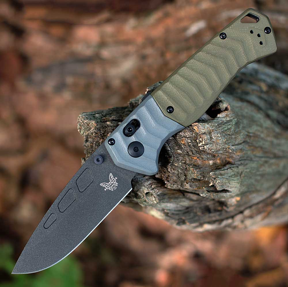 Benchmade PSK (593BK) 3.45" CPM-MagnaCut Cobalt Cerakote Coated Drop Point Plain Blade, Textured OD Green G-10 Handle w/ Textured Gray G-10 Bolster