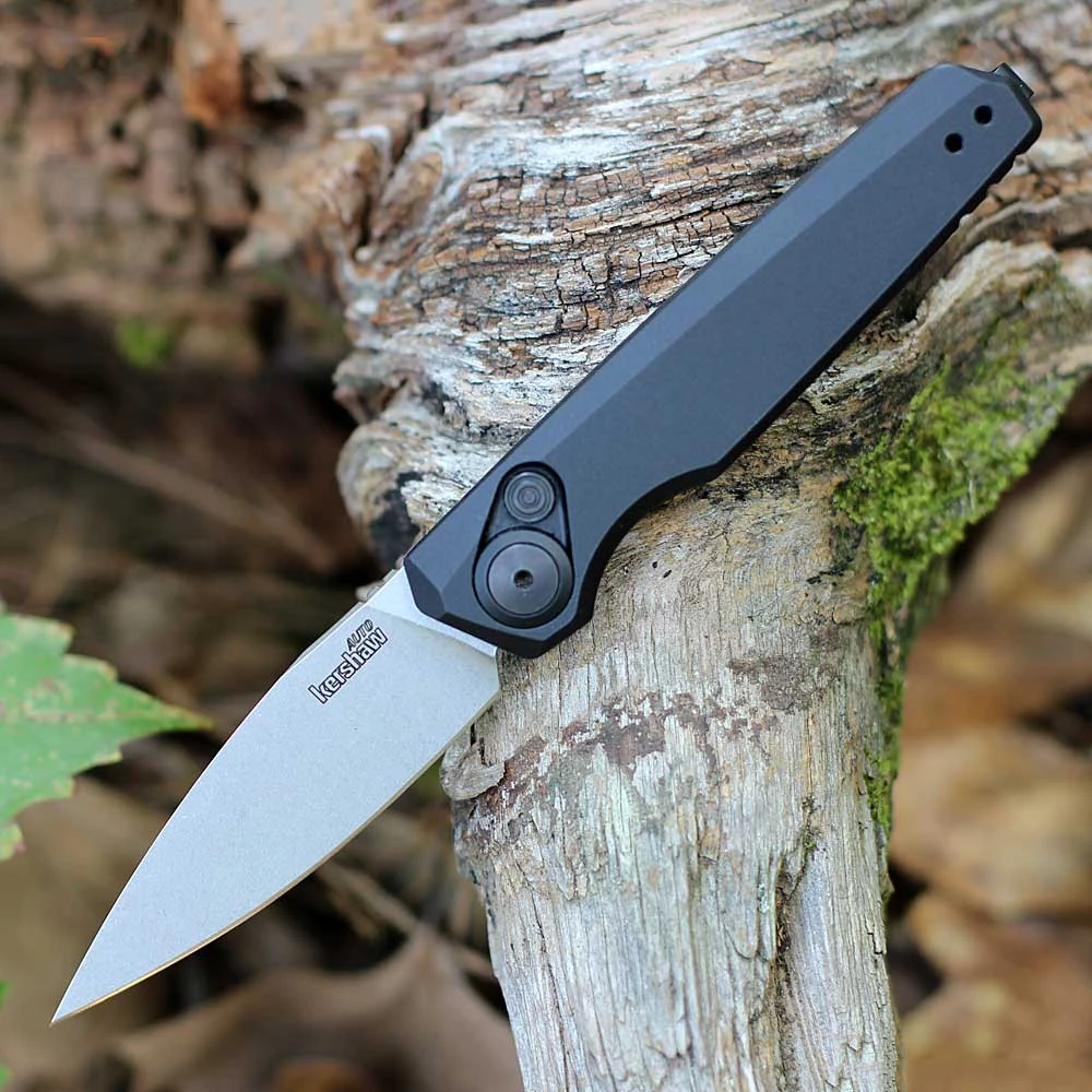 Kershaw Launch 18 7551BLKSW automatic knife profile view showing the 2.79-inch stonewashed spear point blade and black handle.
