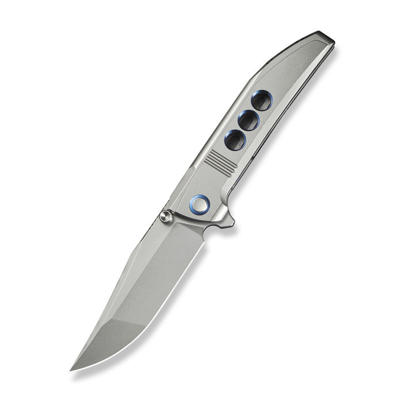 WE Ezinta (WE220412) 3.99" Bohler M390 Polished Bead Blasted Clip Point Plain Blade, Bead Blasted Titanium Integral Handle w/ Blue Holes