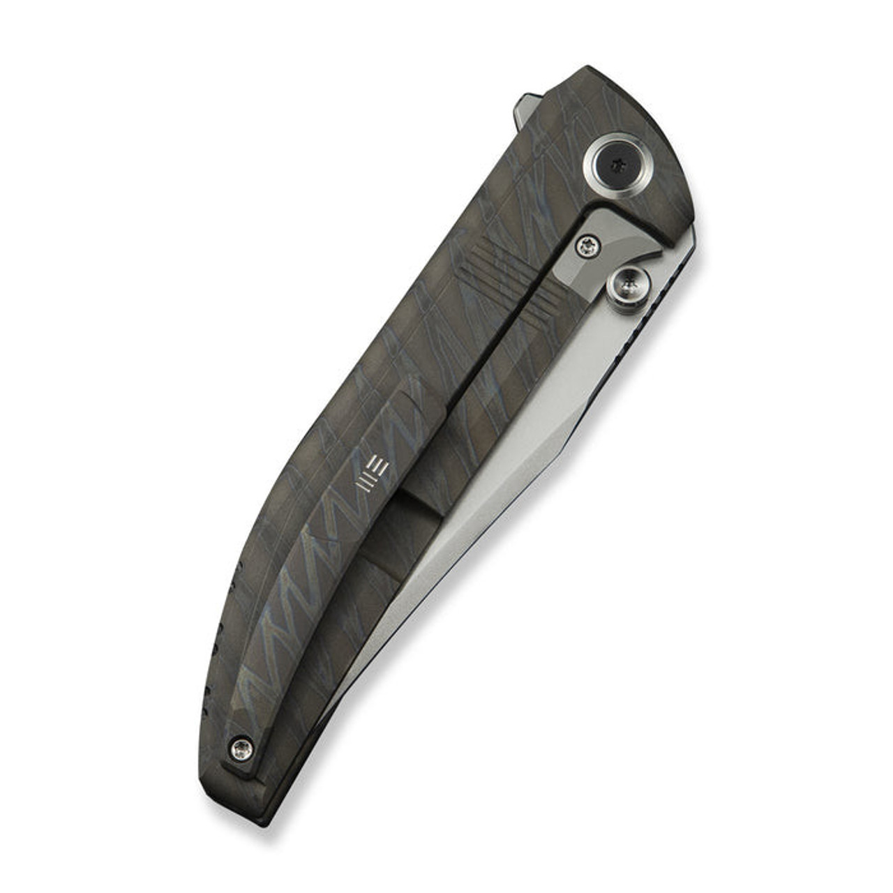 WE Ezinta (WE220414) 3.99" Bohler M390 Polished Bead Blasted Clip Point Plain Blade, Tiger Strip Flamed Titanium Integral Handle w/ Satin Holes