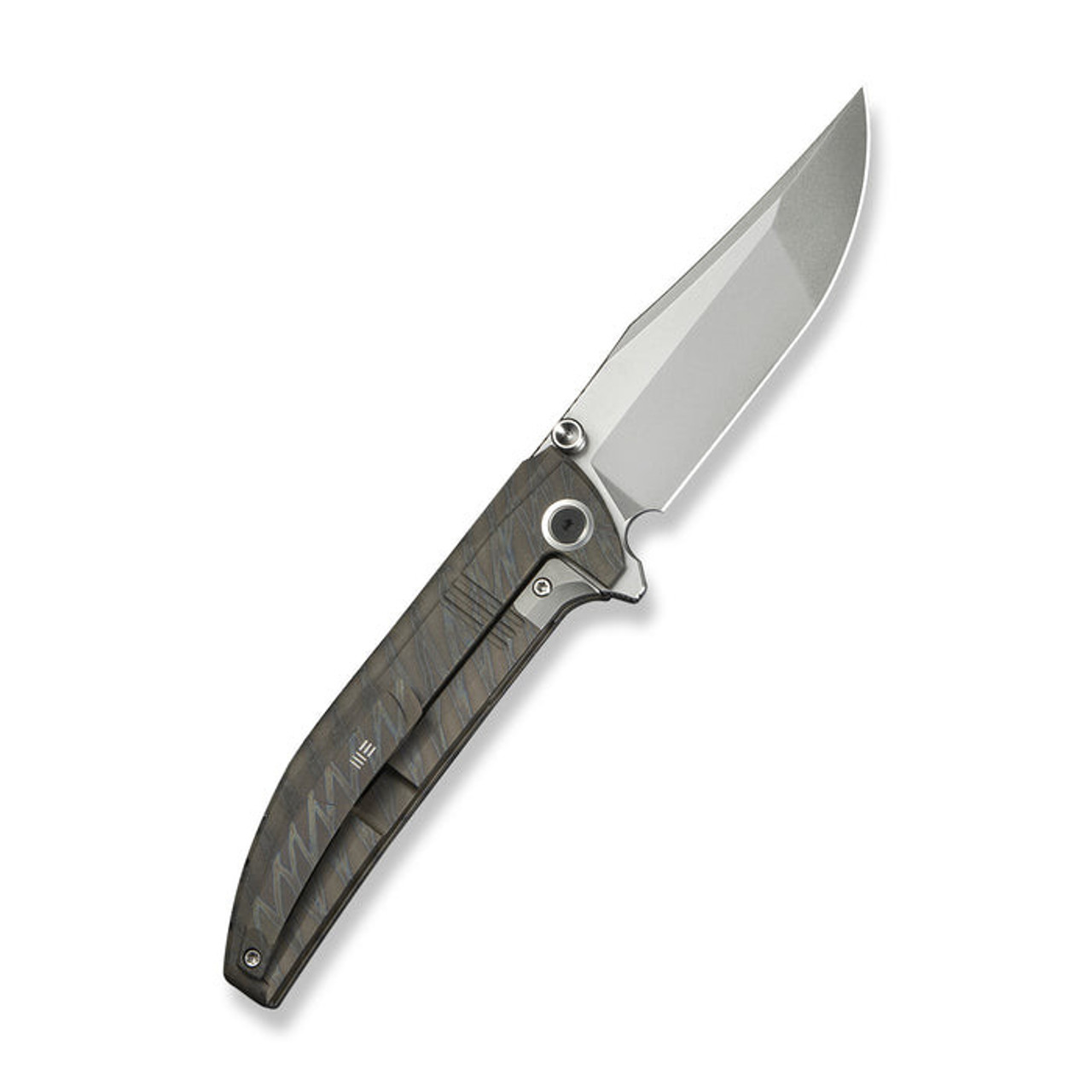 WE Ezinta (WE220414) 3.99" Bohler M390 Polished Bead Blasted Clip Point Plain Blade, Tiger Strip Flamed Titanium Integral Handle w/ Satin Holes