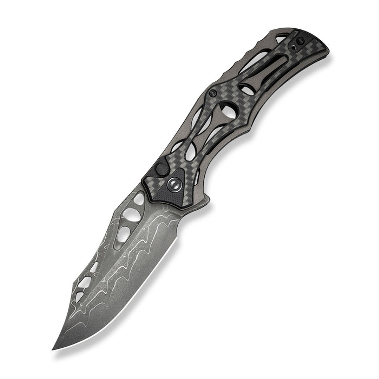CIVIVI Biophase (CIVC23083CDS1) 3.48" Damascus Clip Point Plain Blade, Gray and Black Aluminum and Carbon Fiber Overlay on Black G-10 Handle