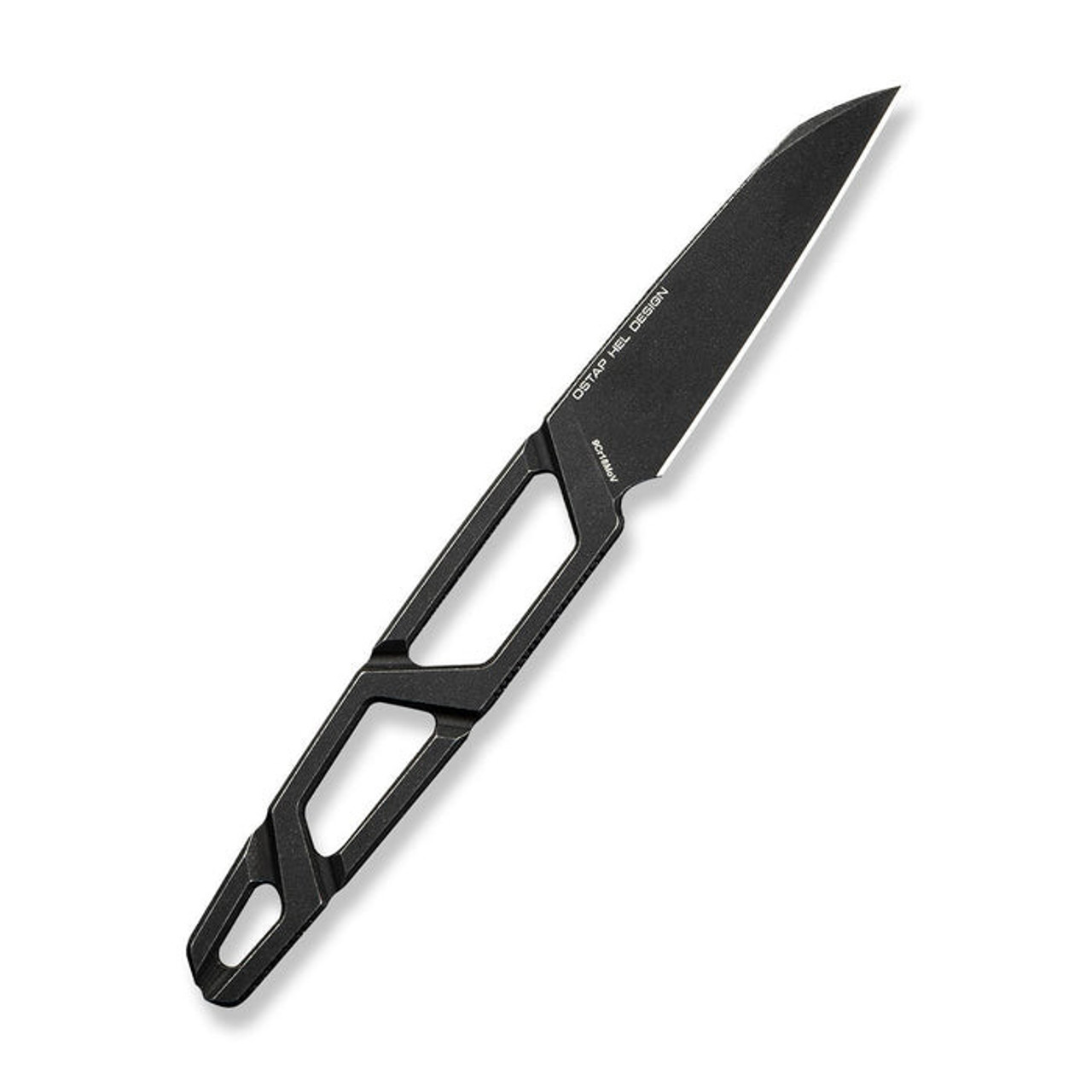 Sencut TEXO (S230951) 1.97" 9Cr18MoV Blackwashed Reverse Tanto Plain Blade, Skeletonized Blackwashed 9Cr18MoV Handle, Black Kydex Neck Sheath