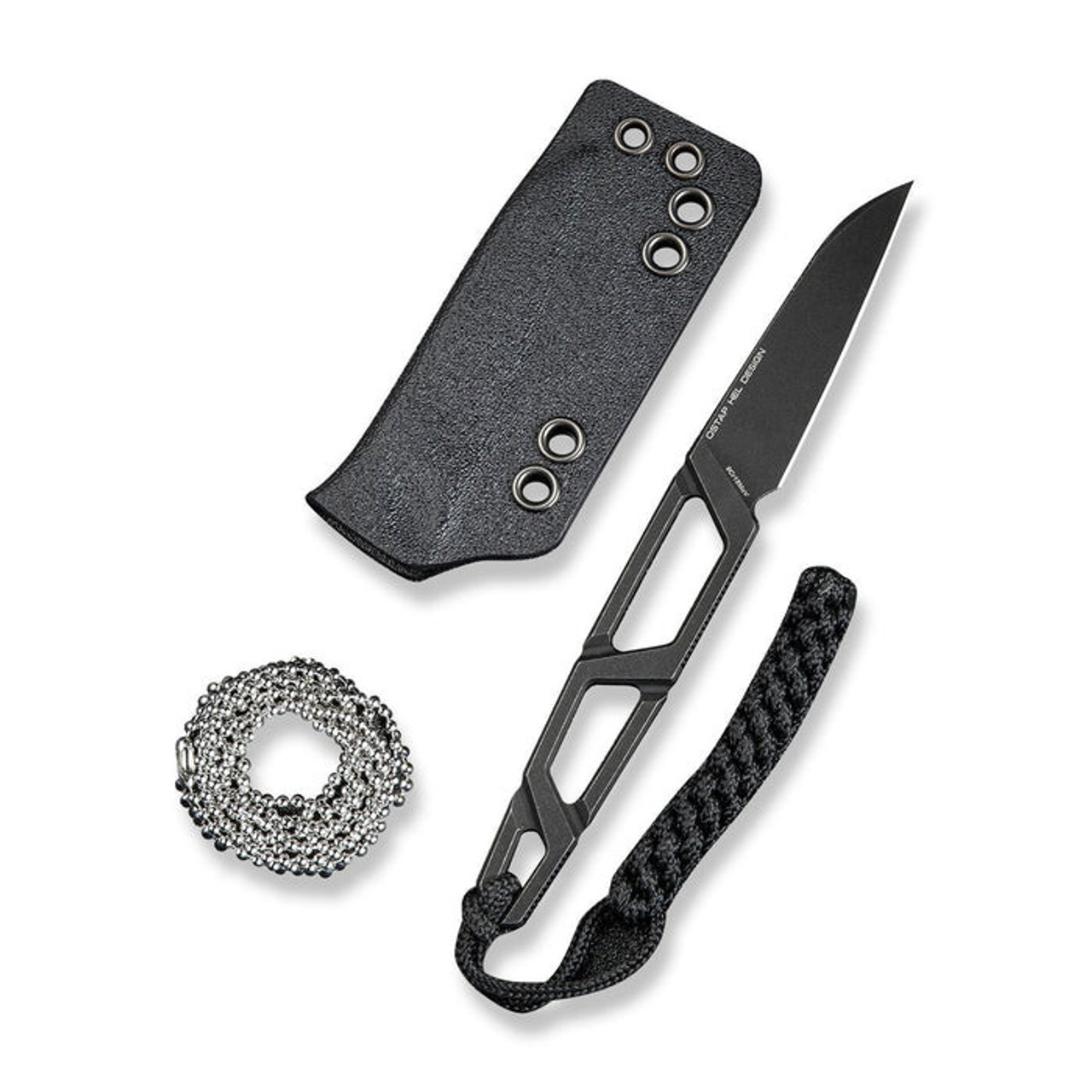 Sencut TEXO (S230951) 1.97" 9Cr18MoV Blackwashed Reverse Tanto Plain Blade, Skeletonized Blackwashed 9Cr18MoV Handle, Black Kydex Neck Sheath