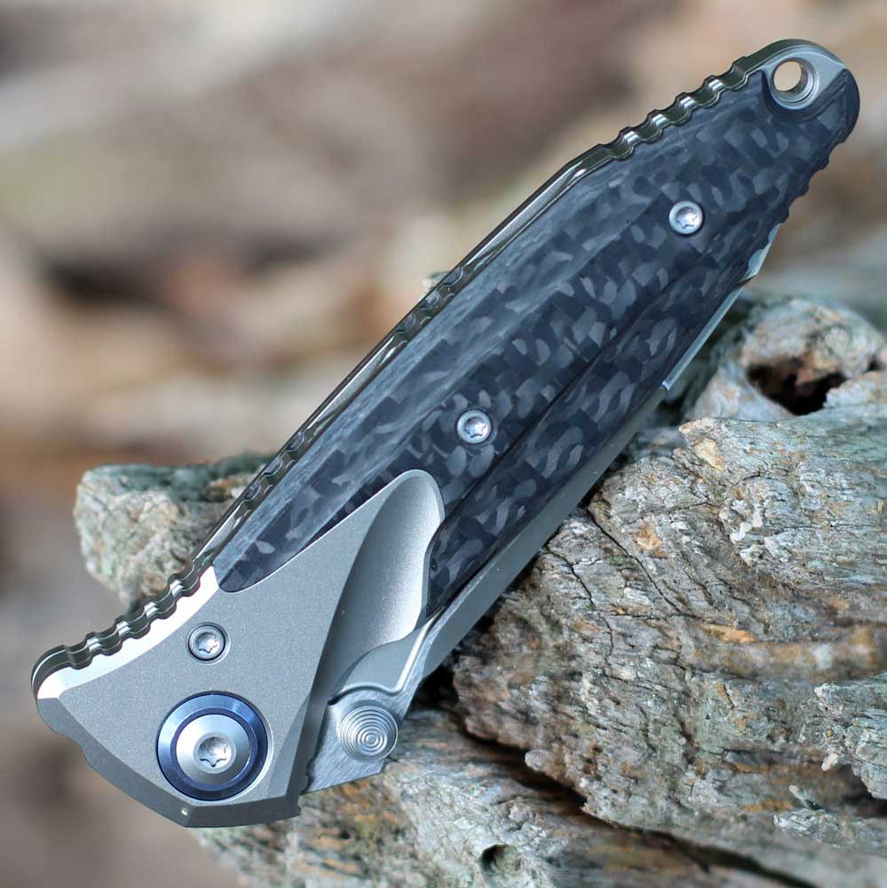 Microtech Socom Bravo Mini (MCT261M7CFTI) 3.38" Premium Steel Bead Blasted Tanto Plain Blade, Bead Blasted Titanium Handle w/ Black Carbon Fiber Inlay